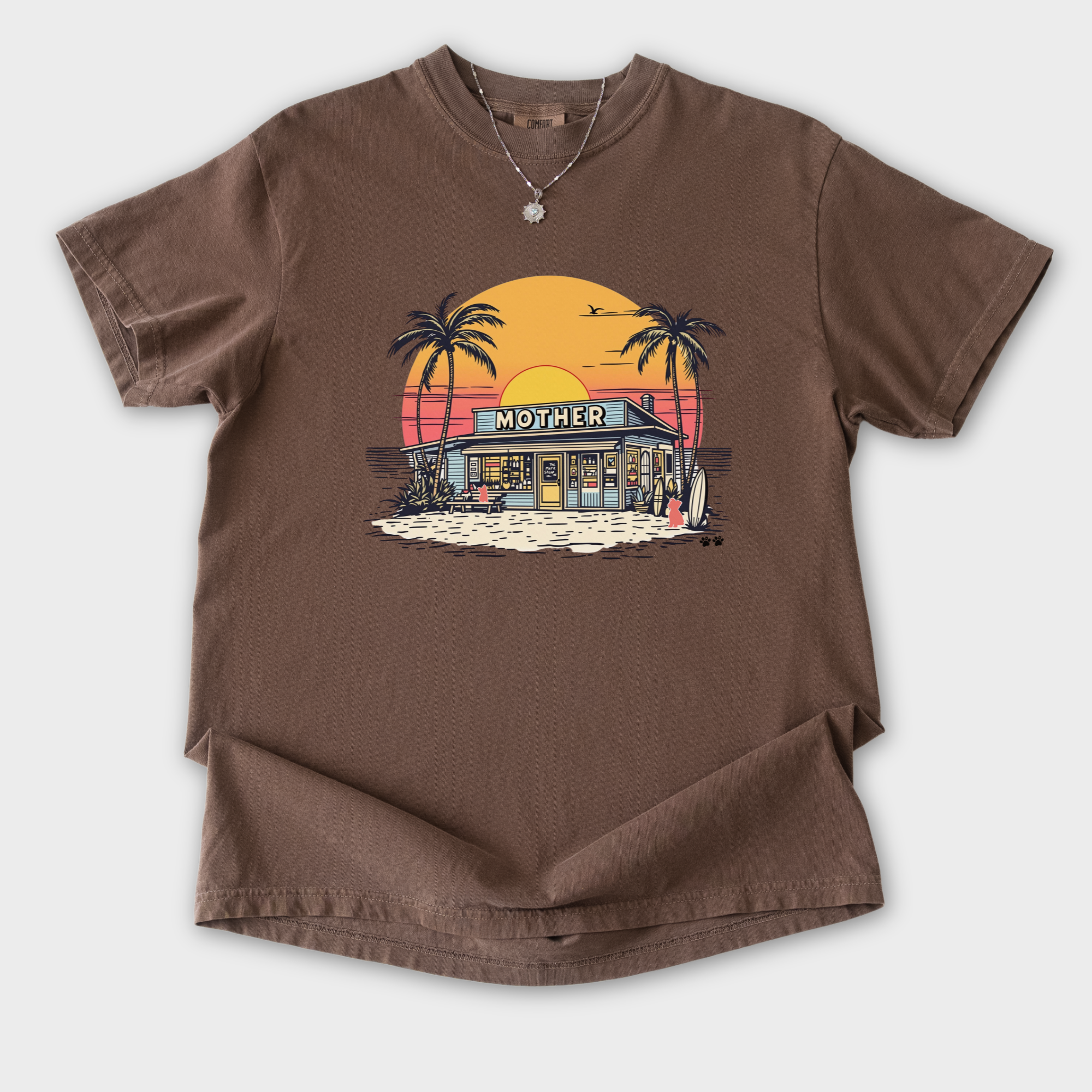 vintage-mother-surf-shop-dog-graphic-comfort-colors-t-shirt-in-espresso - Espresso Flat Lay Front