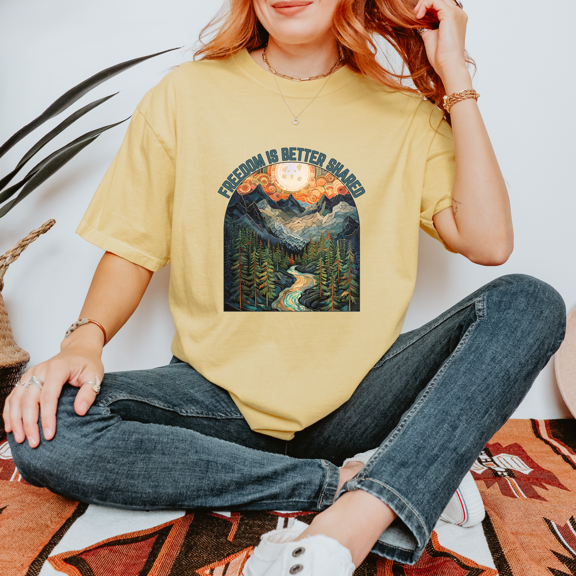 artistic-mountain-freedom-is-better-shared-stained-glass-version-dog-graphic-comfort-colors-t-shirt-in-butter - Butter Lifestyle Male Model