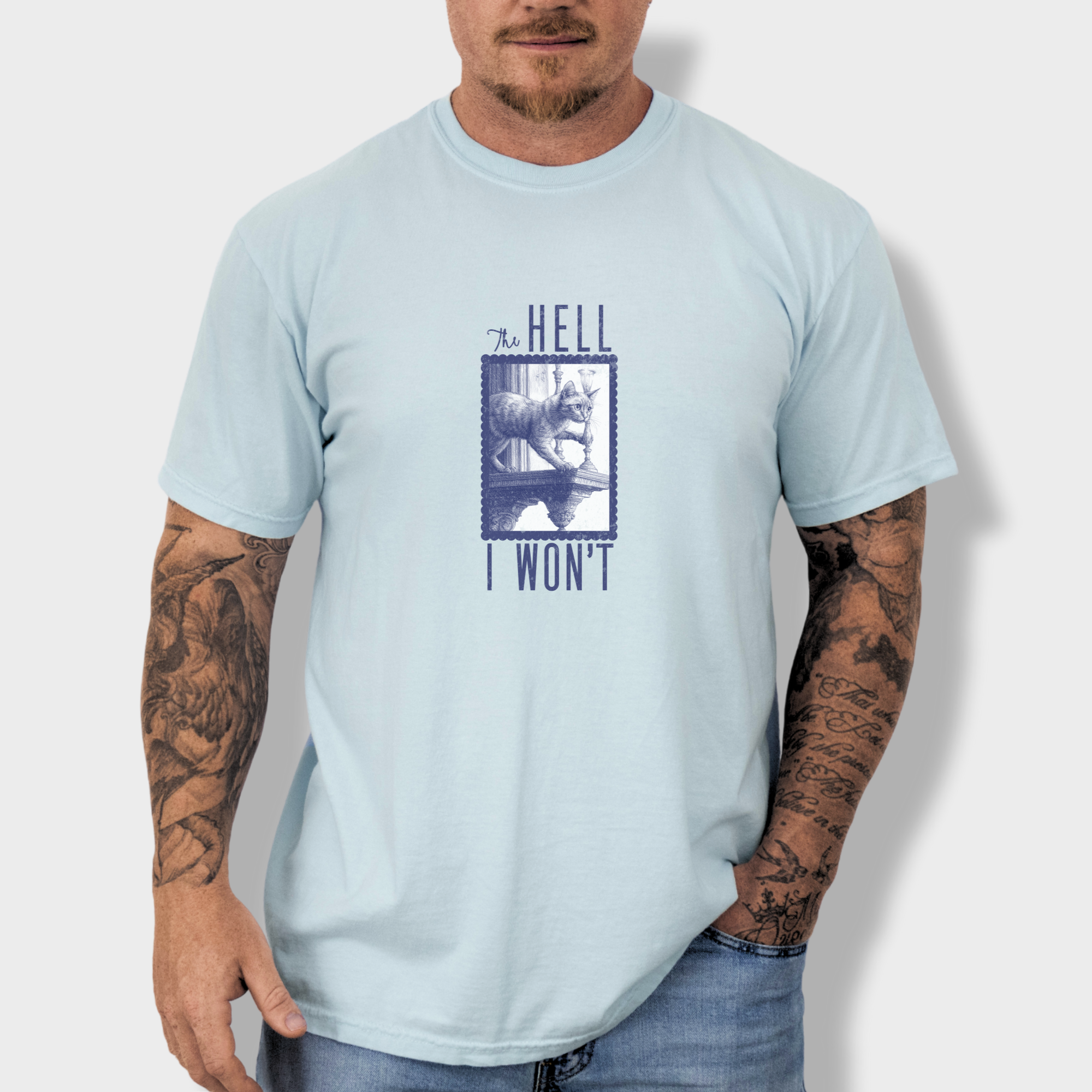 the-hell-i-wont-cat-edition-comfort-colors-t-shirt-in-chambray - Chambray Lifestyle Male Model