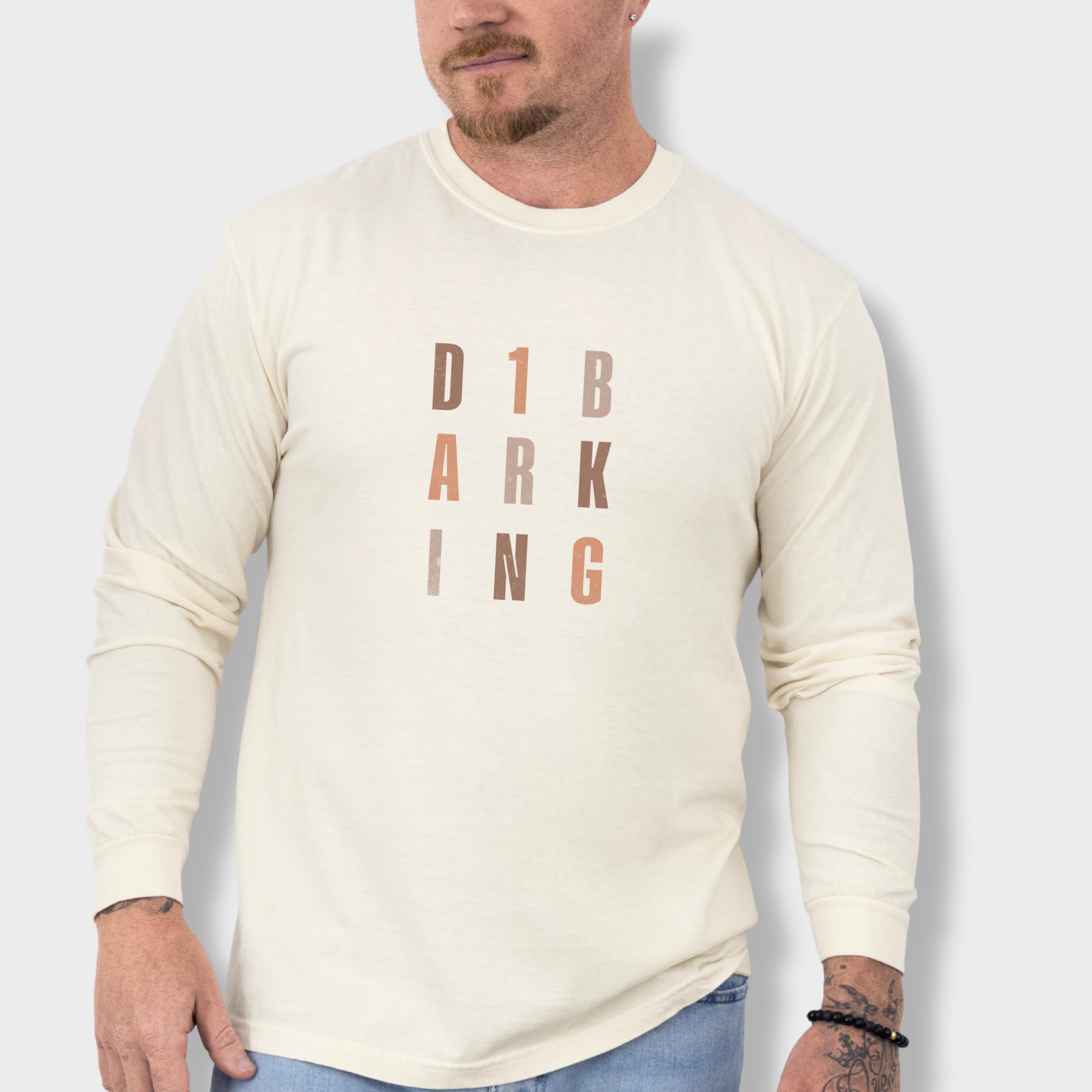 fetch-n-found  unisex tee for men and women featuring , D1 Barking Modern Neutral Grid Ivory graphic T-Shirt made of 100% cotton - Ivory Model 3