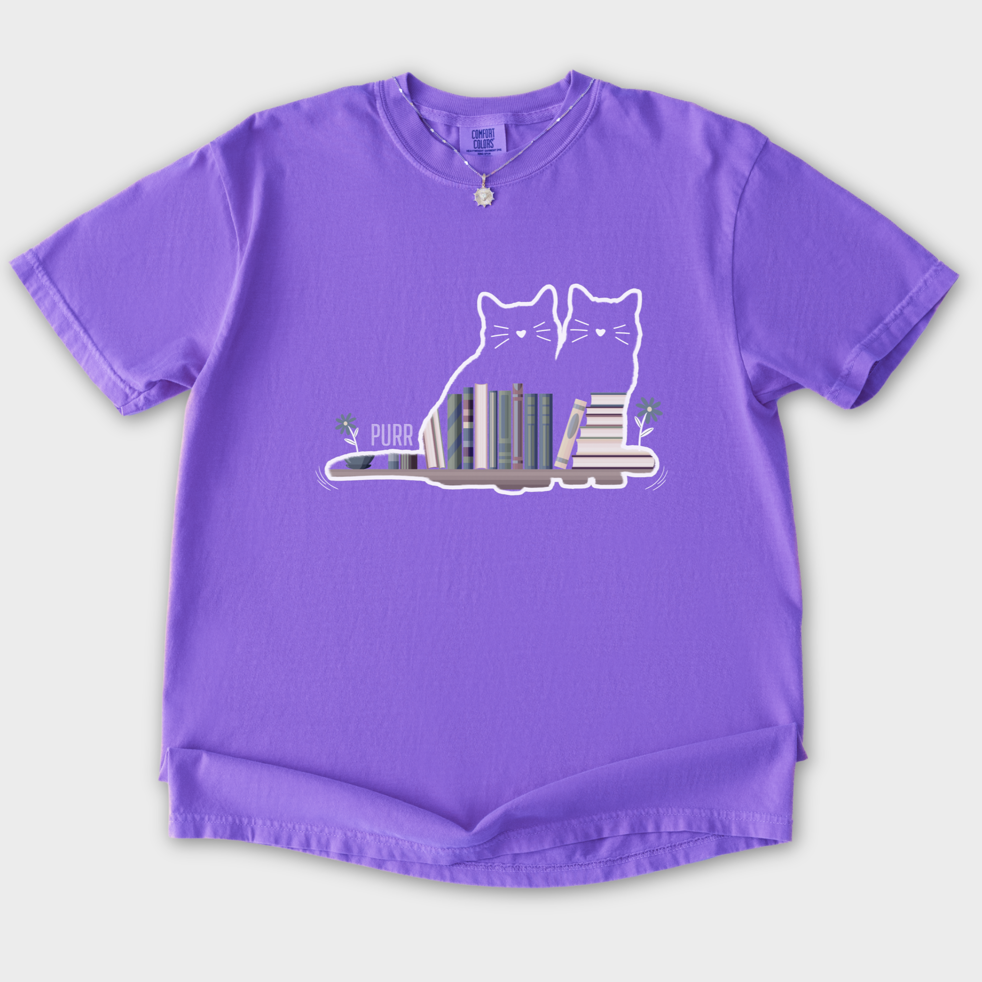 vintage-cat-book-shelf-purr-cat-graphic-comfort-colors-t-shirt-in-violet - Violet Flat Lay Front