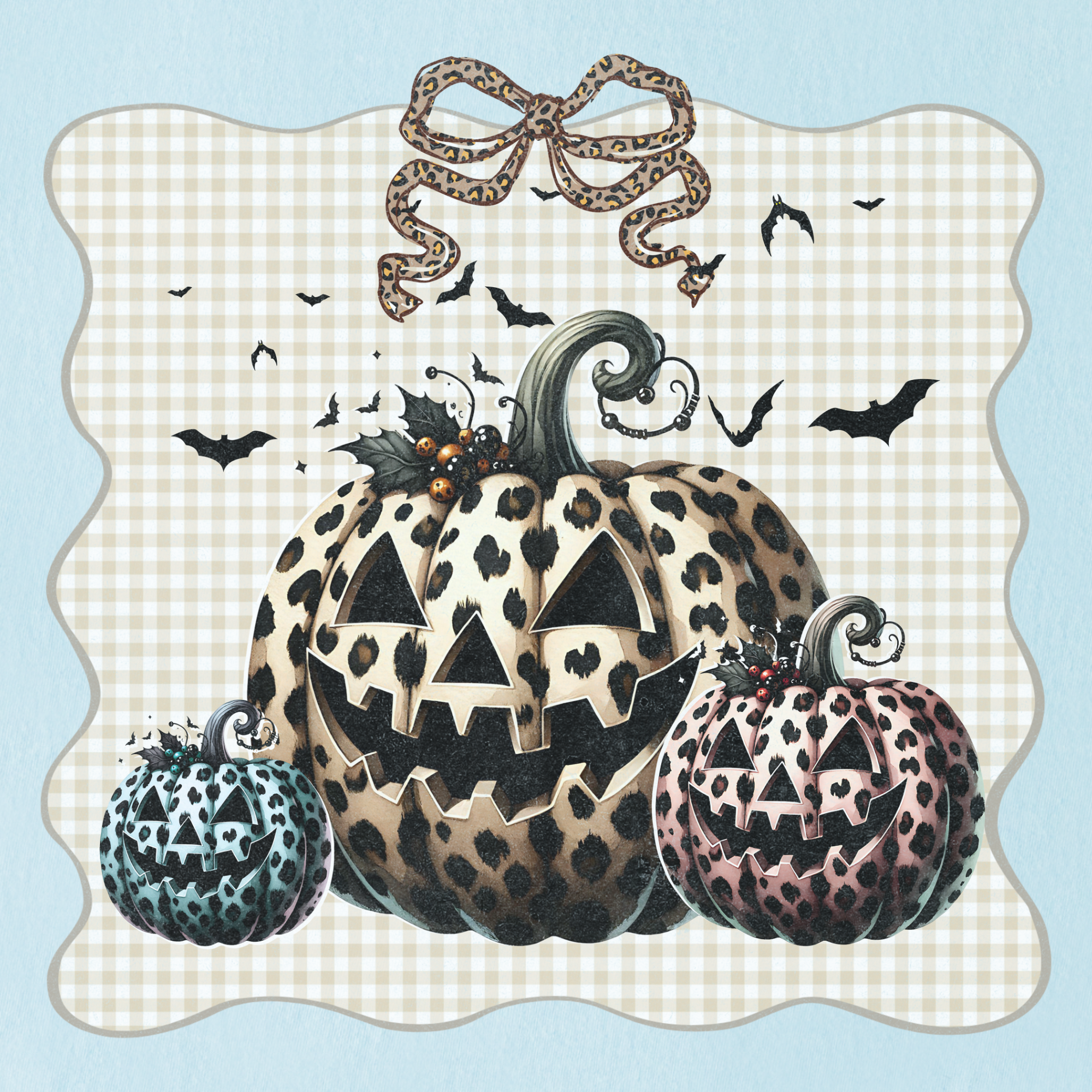 western-preppy-leopard-print-jack-o-lanterns-cat-bow-comfort-colors-t-shirt-in-chambray - Chambray Full Graphic