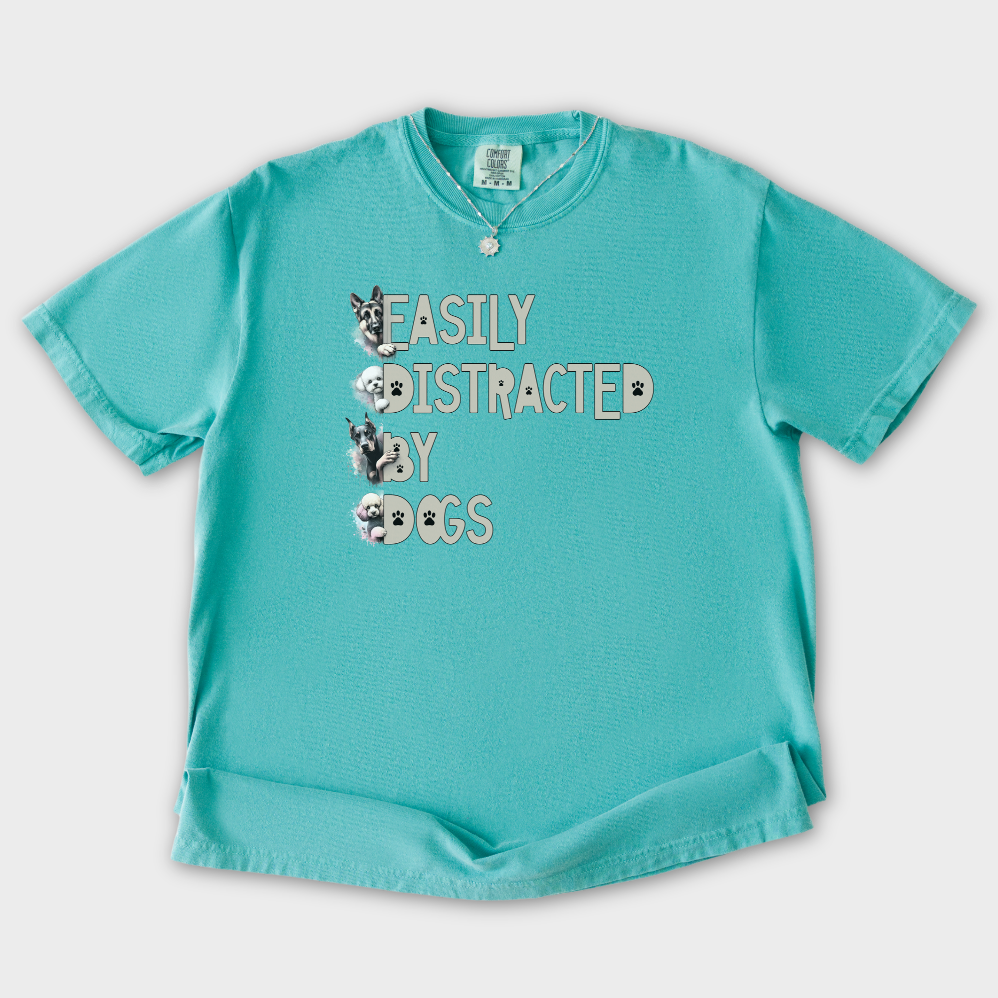 easily-distracted-by-dogs-t-shirt-in-seafoam - Seafoam Flat Lay Front