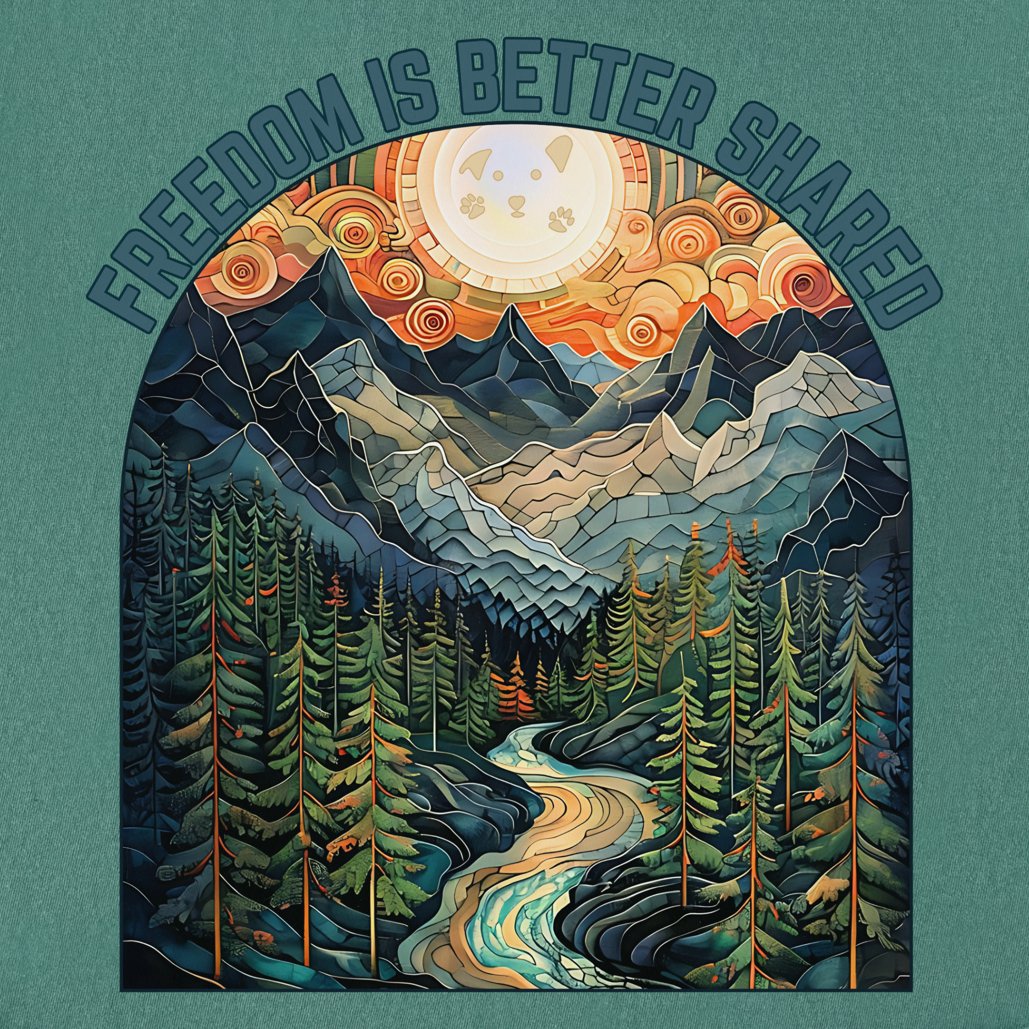 artistic-mountain-freedom-is-better-shared-stained-glass-version-dog-graphic-comfort-colors-t-shirt-in-light-green - Light Green Full Graphic