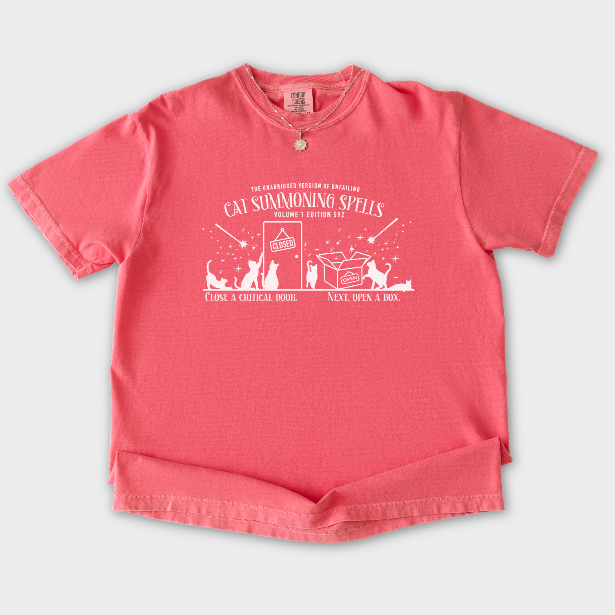 cat-summoning-spells-t-shirt-in-watermelon - Watermelon Flat Lay Front