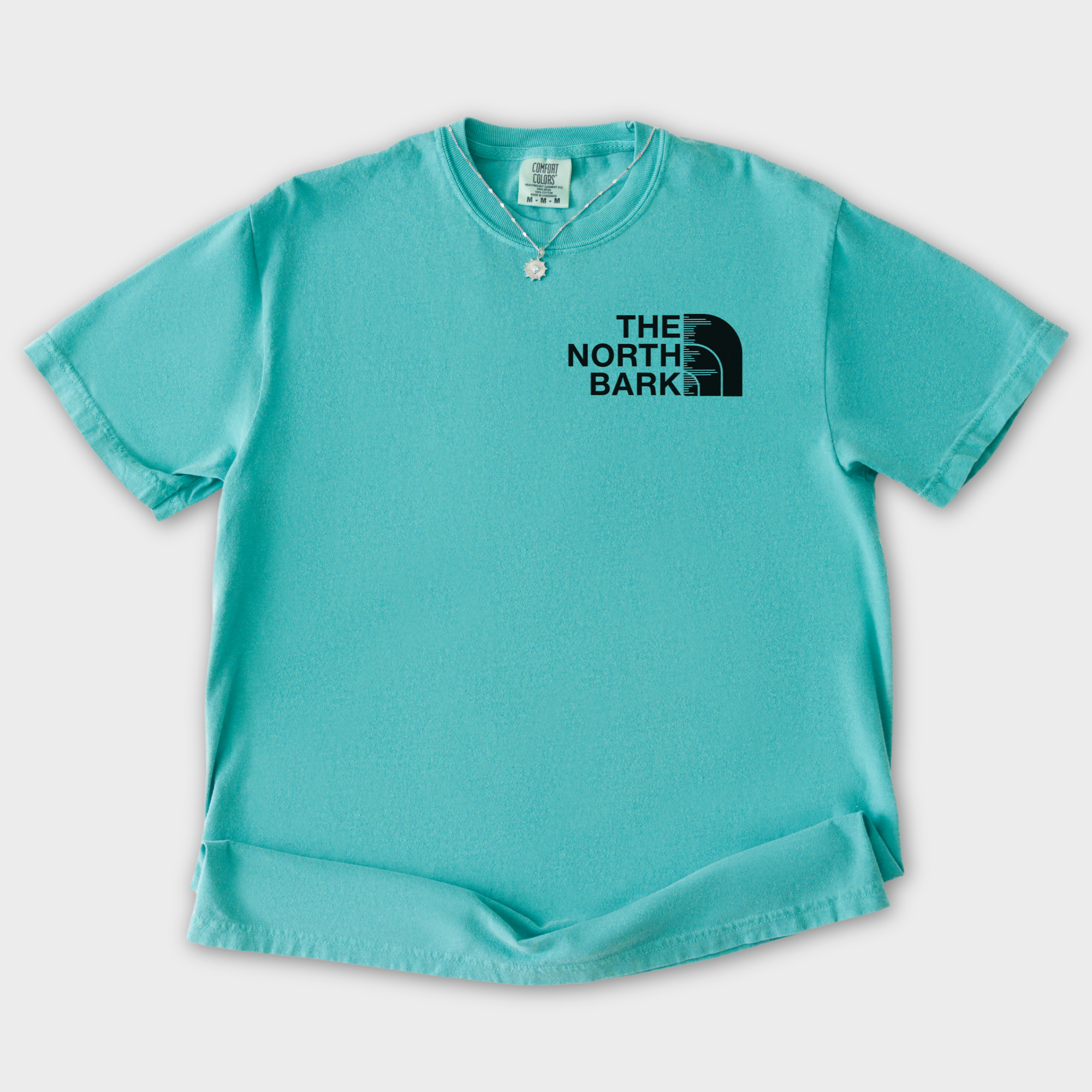 artistic-the-north-bark-dog-graphic-comfort-colors-t-shirt-in-seafoam - Seafoam Flat Lay Front