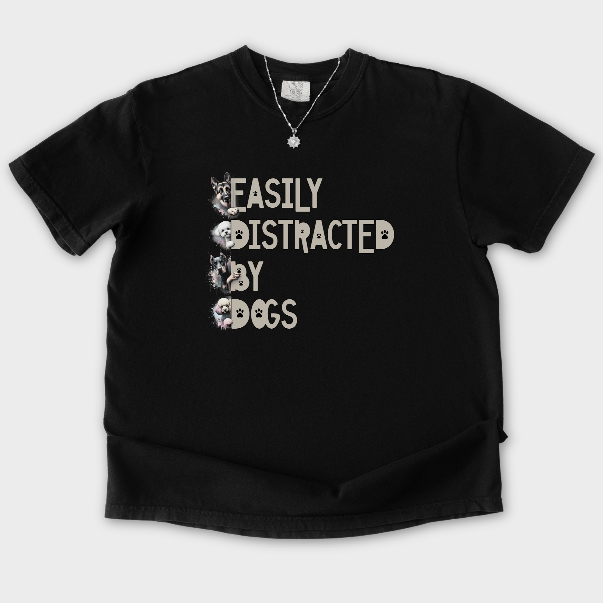 easily-distracted-by-dogs-t-shirt-in-black - Black Flat Lay Front