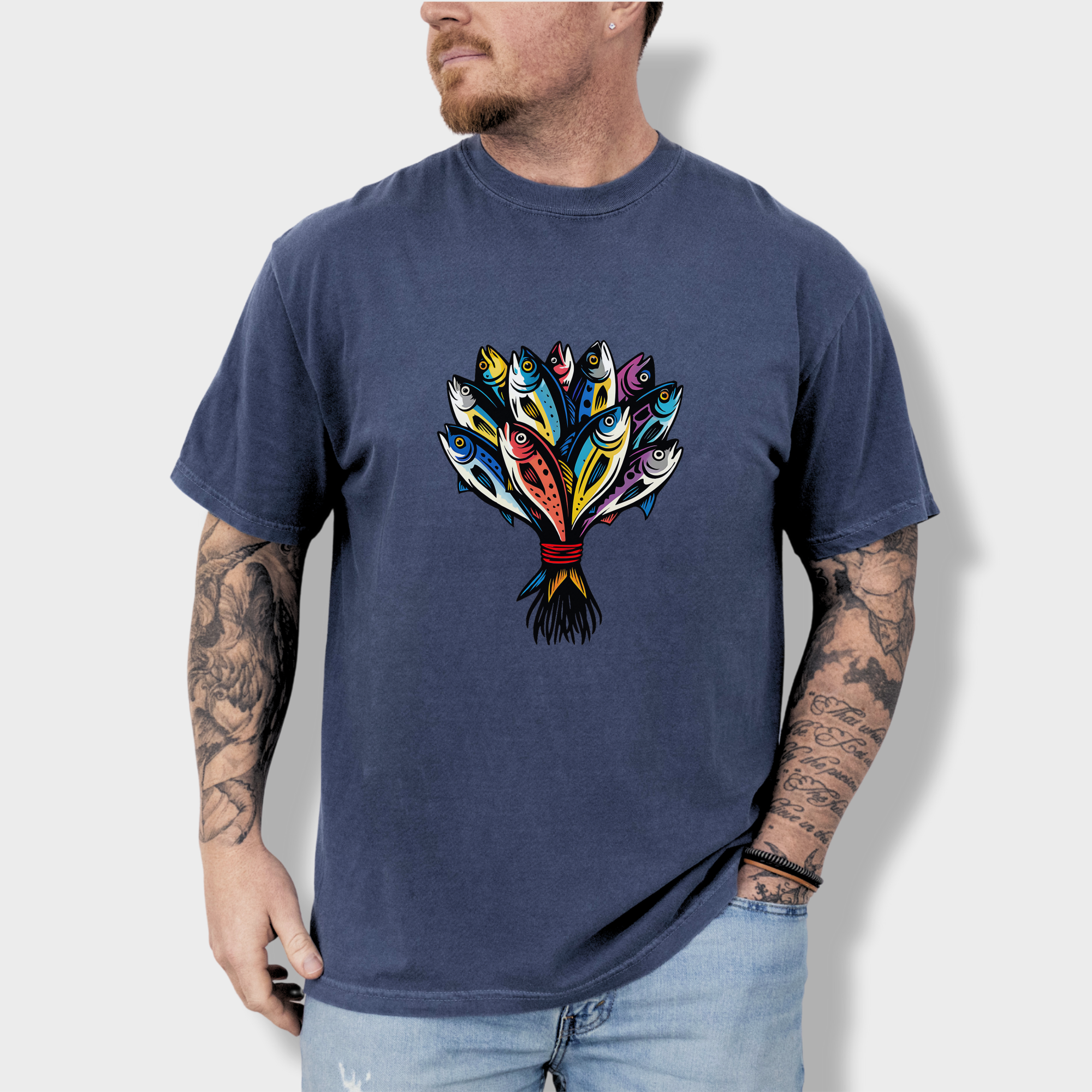 artistic-fish-bouquet-a-cats-dream-cat-graphic-comfort-colors-t-shirt-in-denim - Denim Lifestyle Male Model