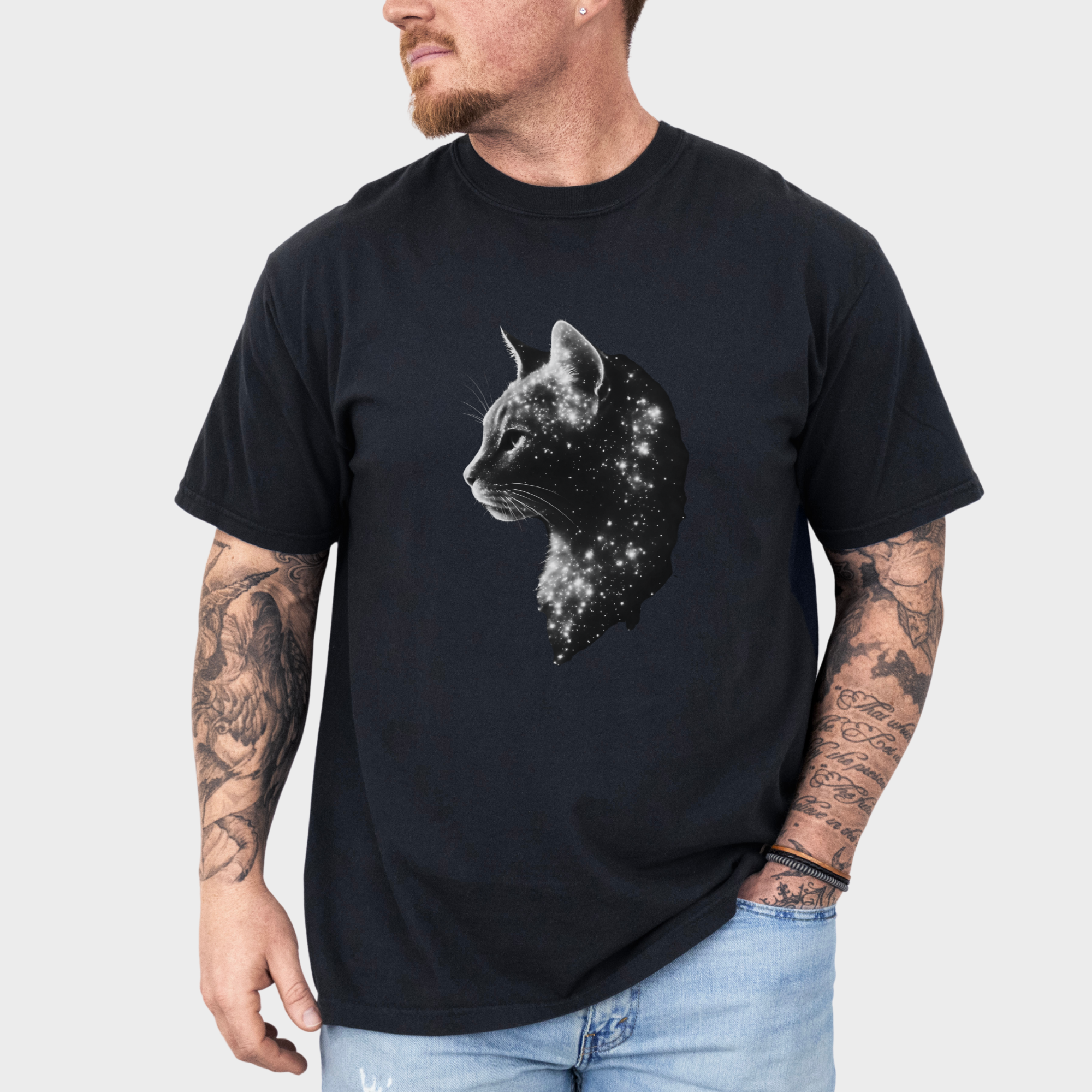 artistic-astrological-cat-cat-graphic-comfort-colors-t-shirt-in-black - Black Lifestyle Male Model