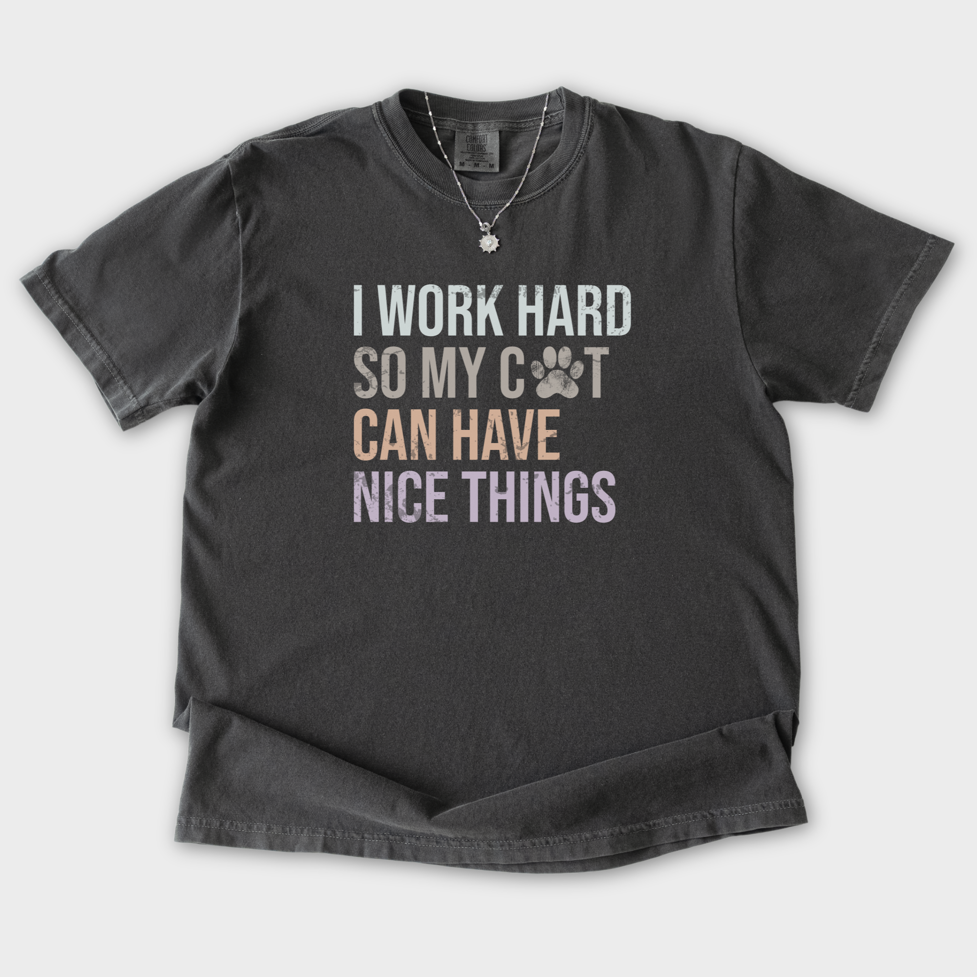 cat-has-nice-things-t-shirt-in-pepper - Pepper Flat Lay Front