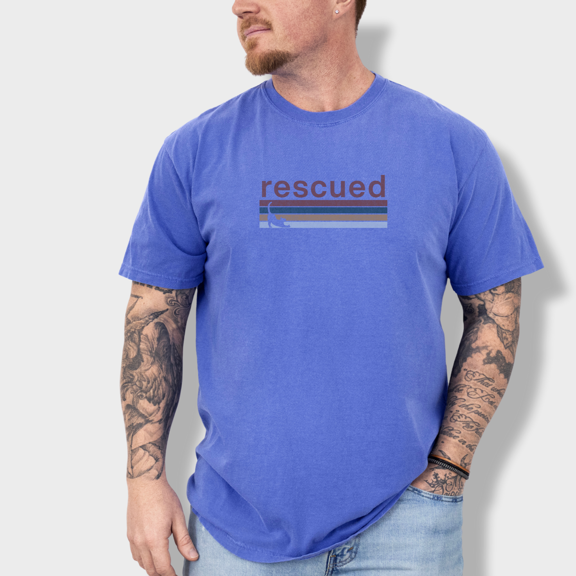 retro-cat-rescued-cat-graphic-comfort-colors-t-shirt-in-flo-blue - Flo Blue Lifestyle Male Model