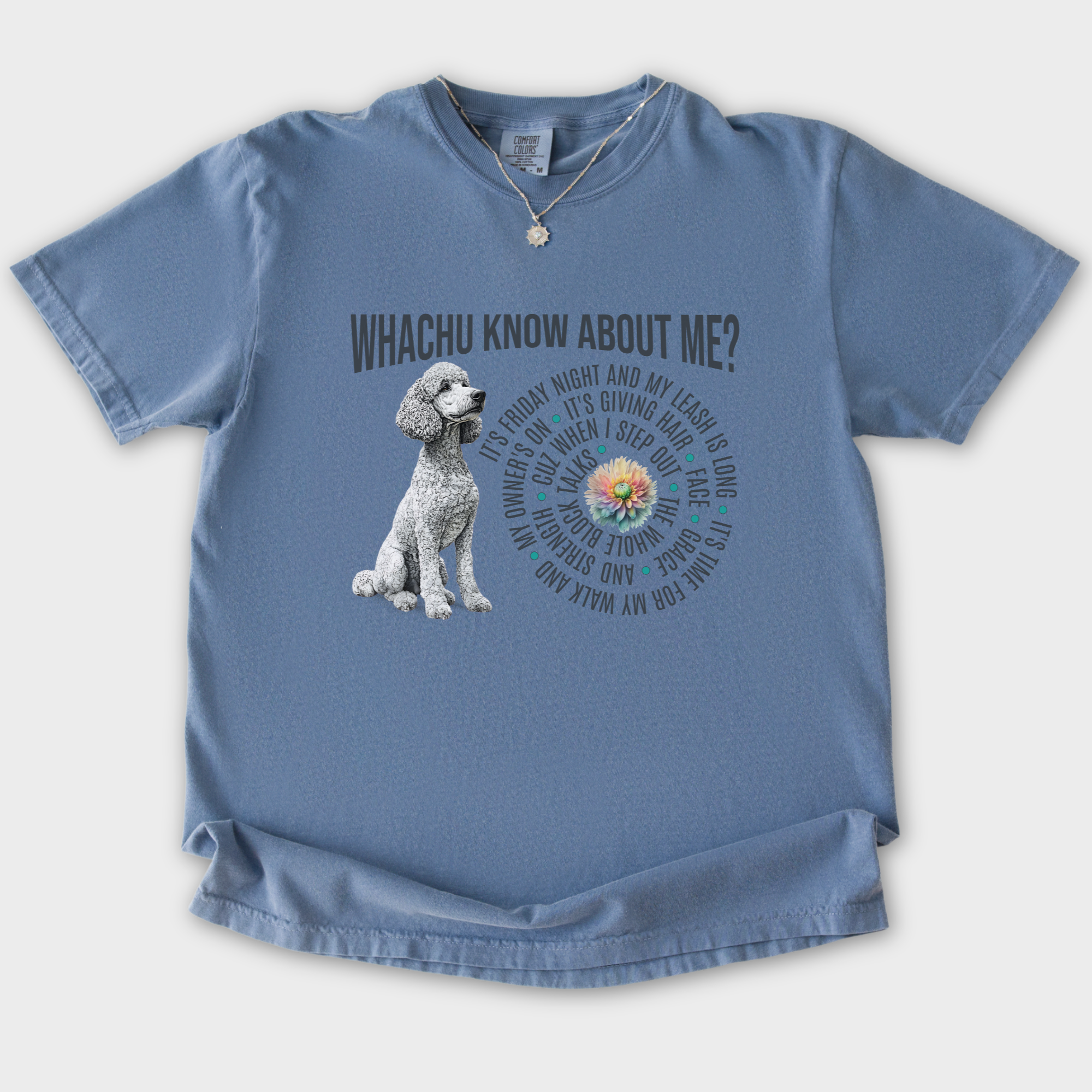 glorilla-inspired-whatchu-know-about-me-t-shirt-in-blue-jean - Blue Jean Flat Lay Front