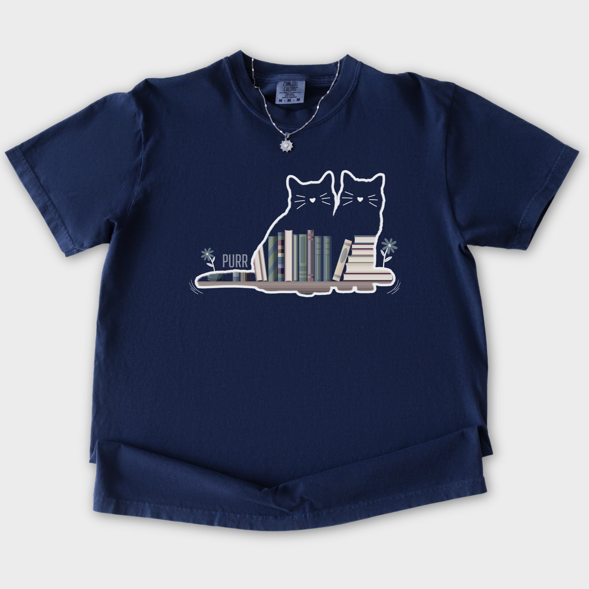 vintage-cat-book-shelf-purr-cat-graphic-comfort-colors-t-shirt-in-true-navy - True Navy Flat Lay Front