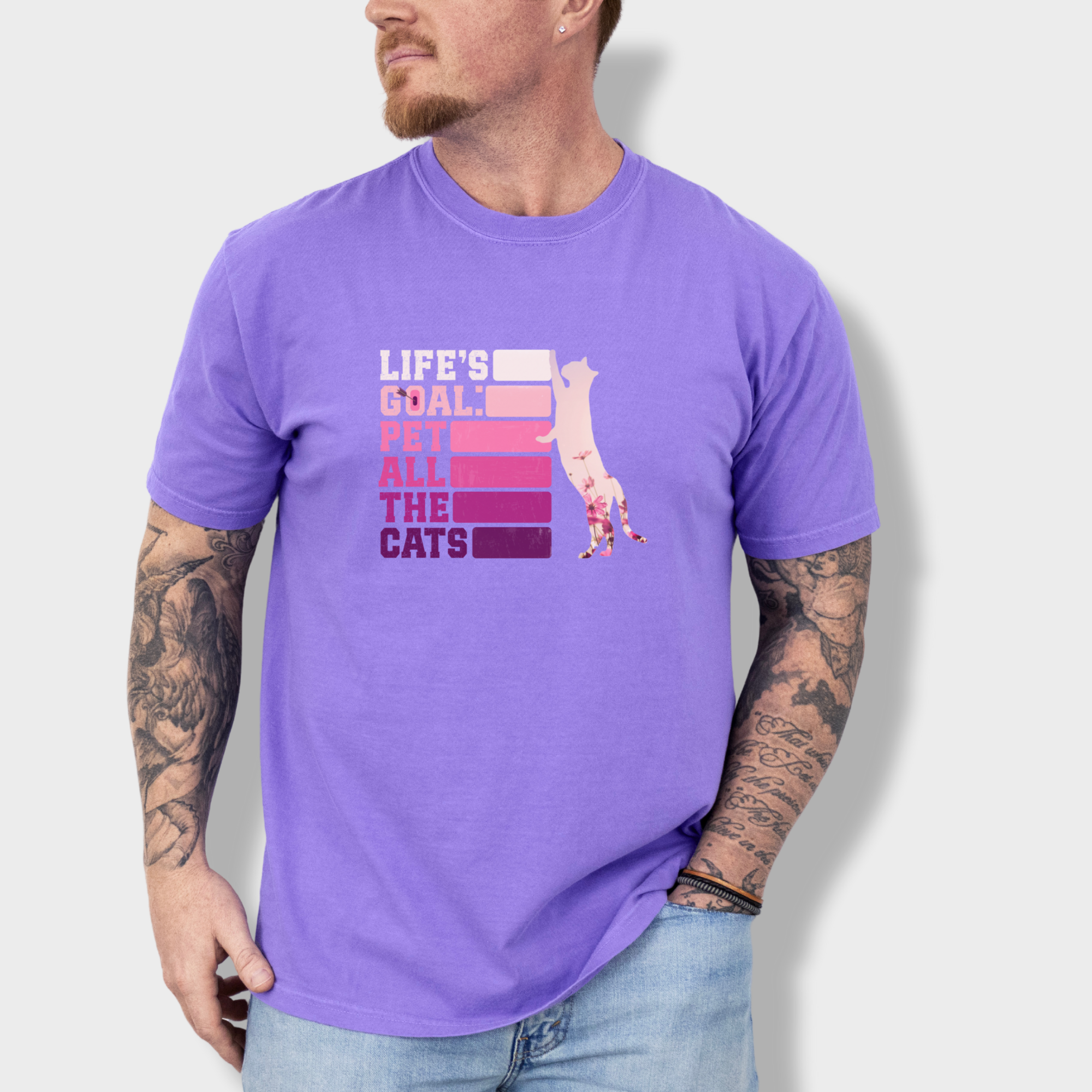 artistic-pet-all-the-cats-cat-text-comfort-colors-t-shirt-in-violet - Violet Lifestyle Male Model