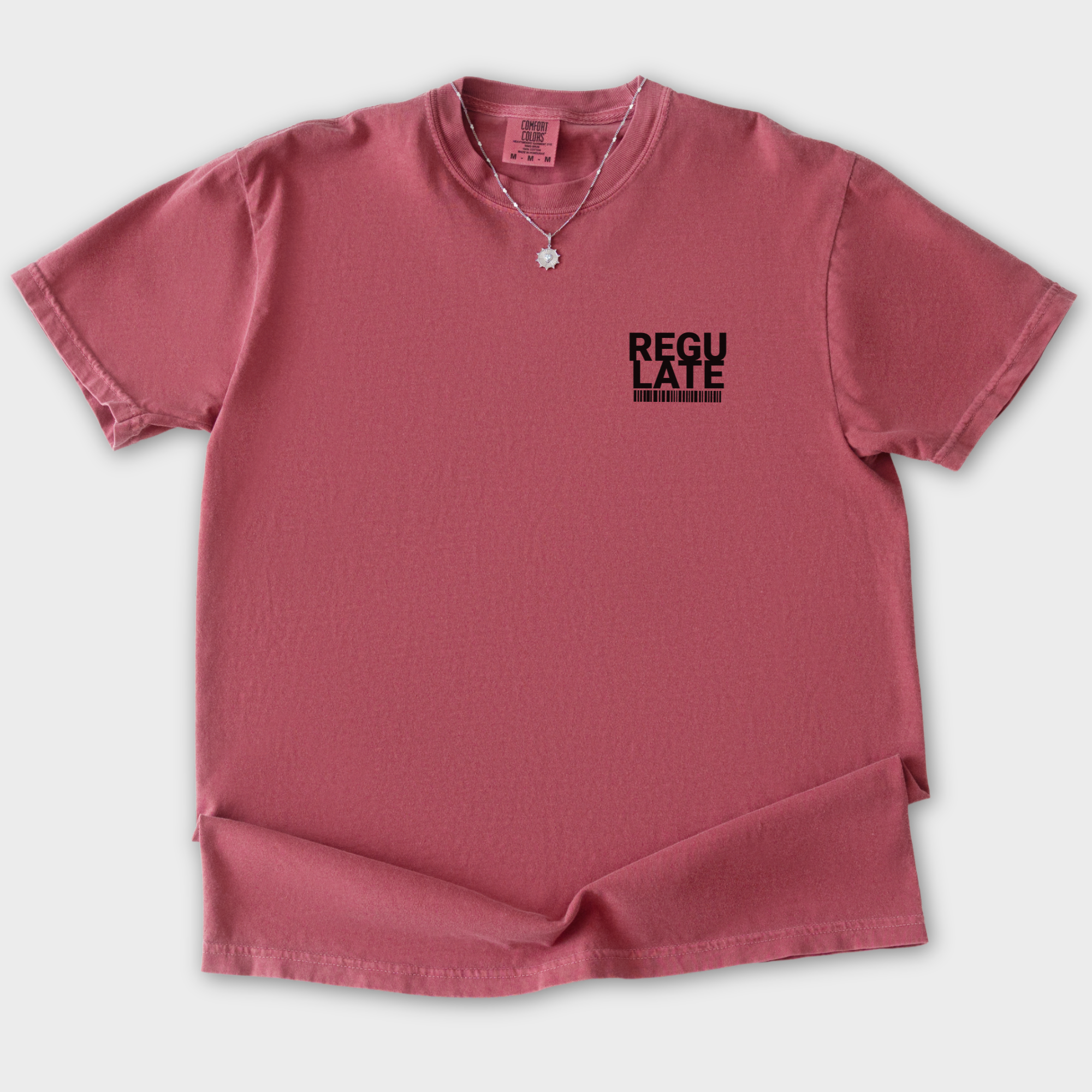 Comfort Colors® Dog unisex tee for men and women featuring Vintage, G-Funk Dog Era Presented by Fetch N Found Records Crimson graphic T-Shirt made of 100% cotton by Fetch N Found - Crimson Flat Lay Front