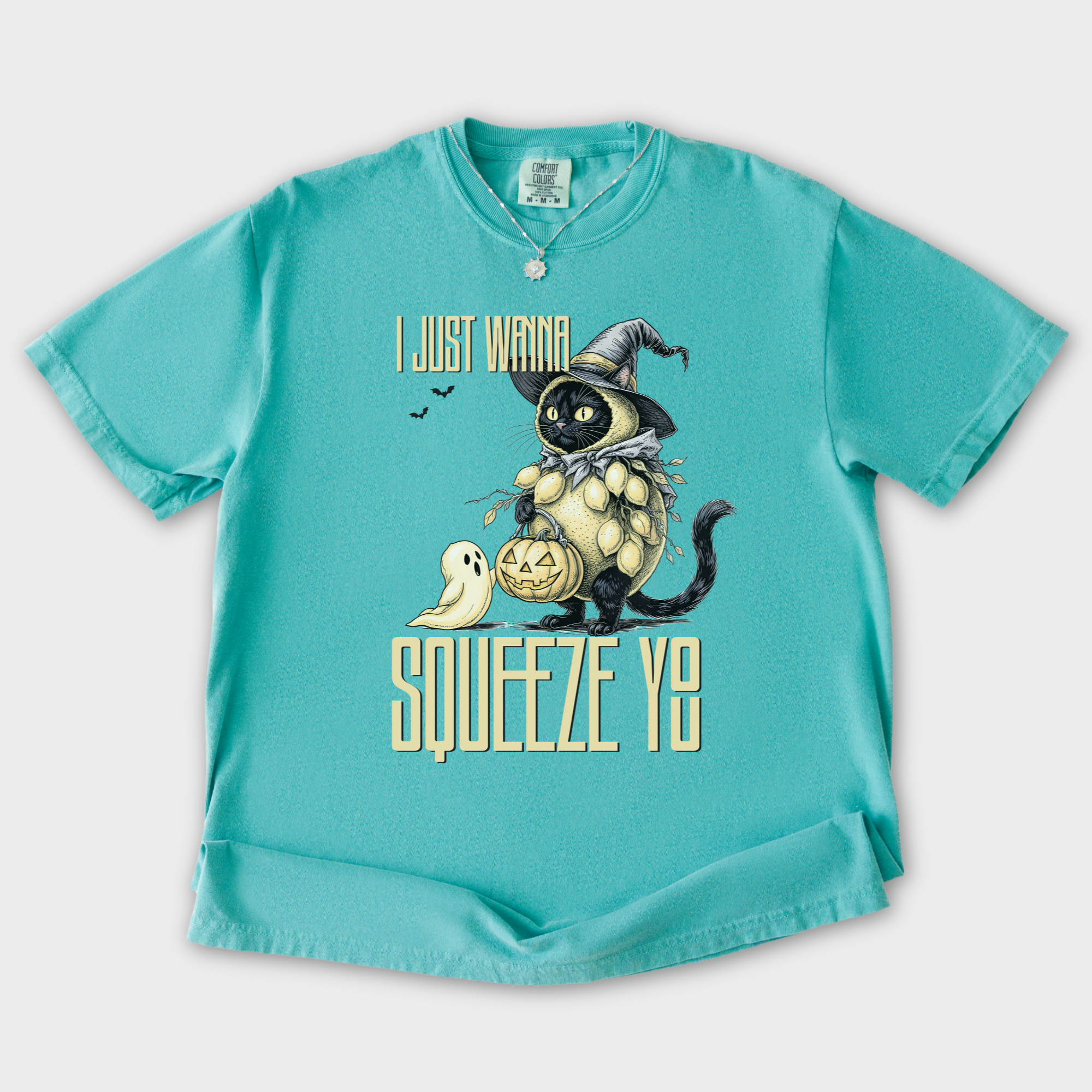 line-art-i-just-wanna-squeeze-you-lemon-trick-or-treater-cat-graphic-comfort-colors-t-shirt-in-seafoam - Seafoam Flat Lay Front