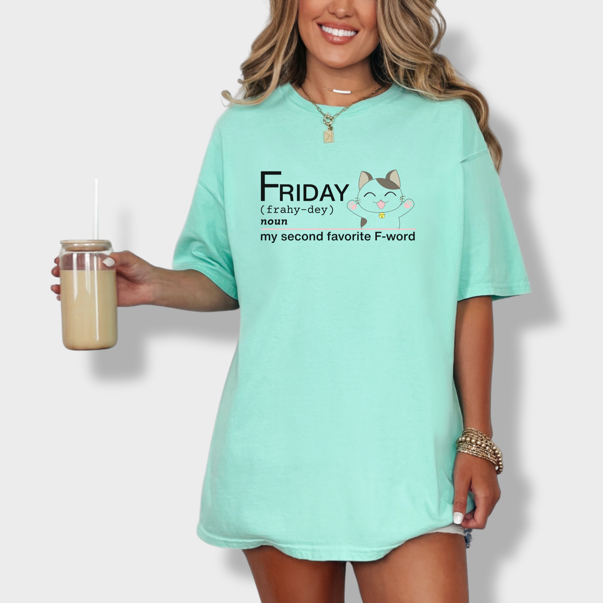 artistic-friday-second-favorite-f-word-cat-text-comfort-colors-t-shirt-in-island-reef - Island Reef Lifestyle Female Model