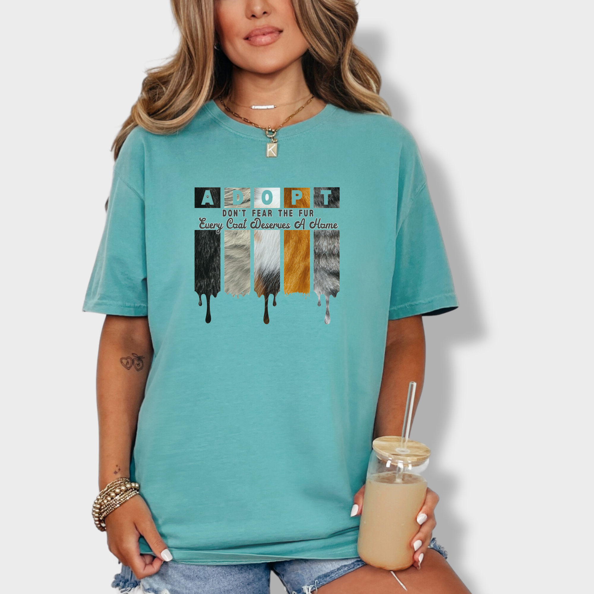 retro-adopt-every-coat-deserves-a-home-cat-minimalist-comfort-colors-t-shirt-in-seafoam - Seafoam Lifestyle Female Model