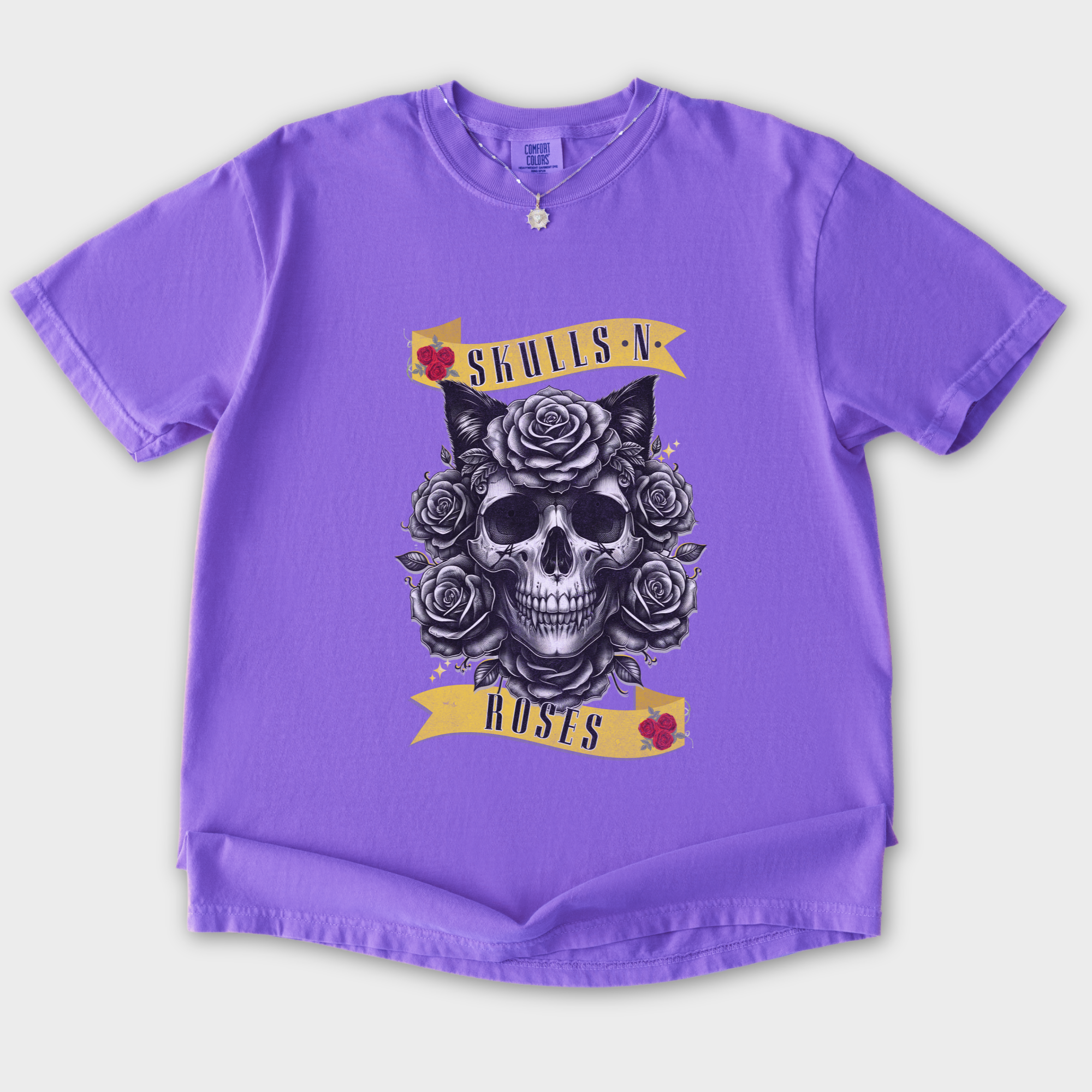 floral-pet-skulls-n-roses-solo-band-pet-skeleton-comfort-colors-t-shirt-in-violet - Violet Flat Lay Front
