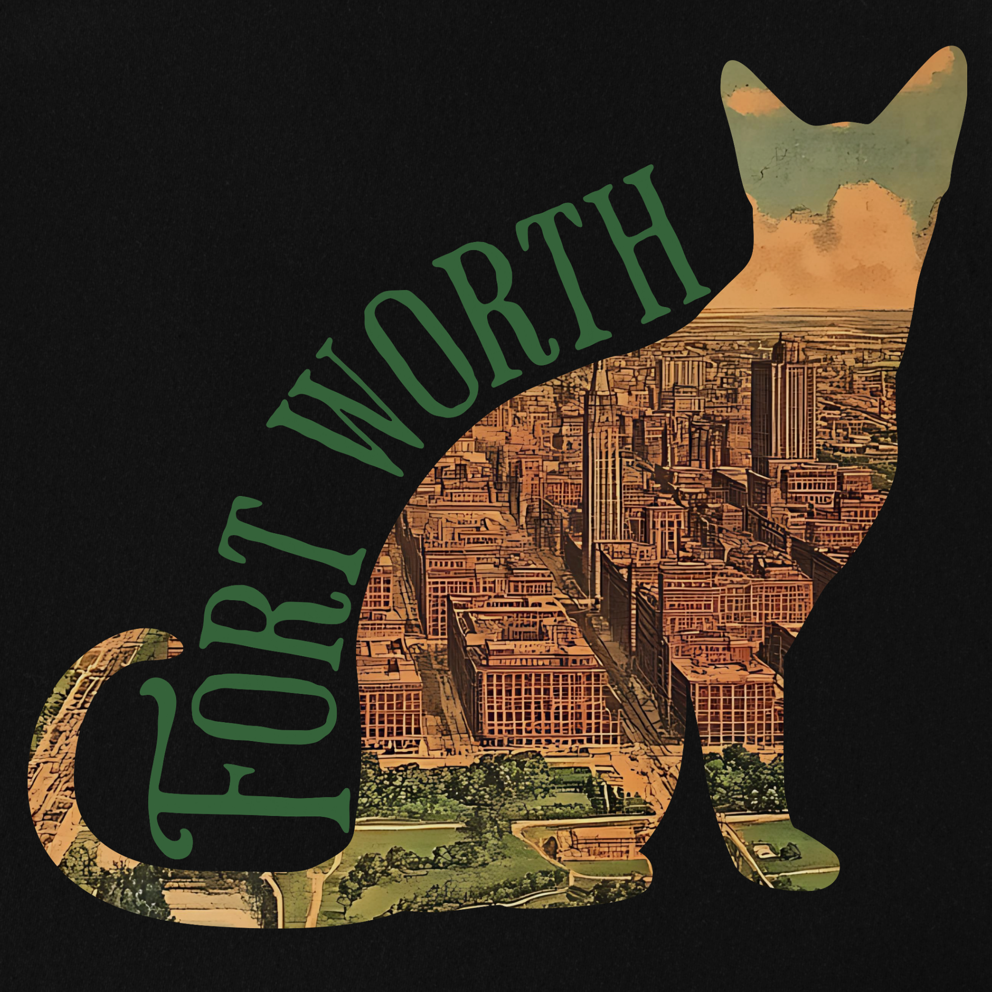 fort-worth-historic-downtown-cat-map-t-shirt-in-black - Black Full Graphic