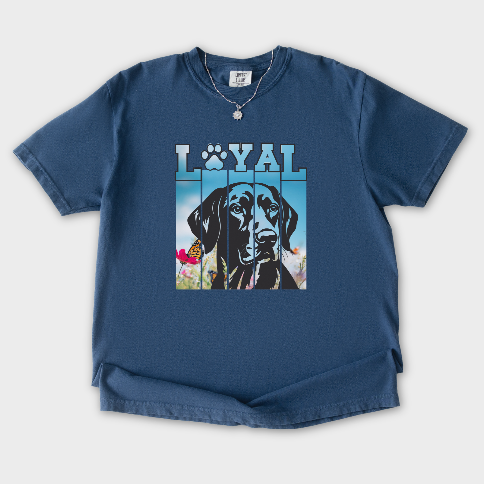 artistic-loyal-dog-graphic-comfort-colors-t-shirt-in-midnight - Midnight Flat Lay Front