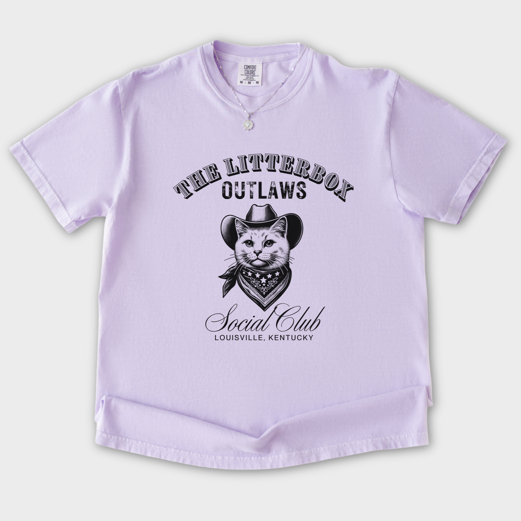 retro-cat-cowboy-litterbox-t-shirt-in-orchid - Orchid Flat Lay Front