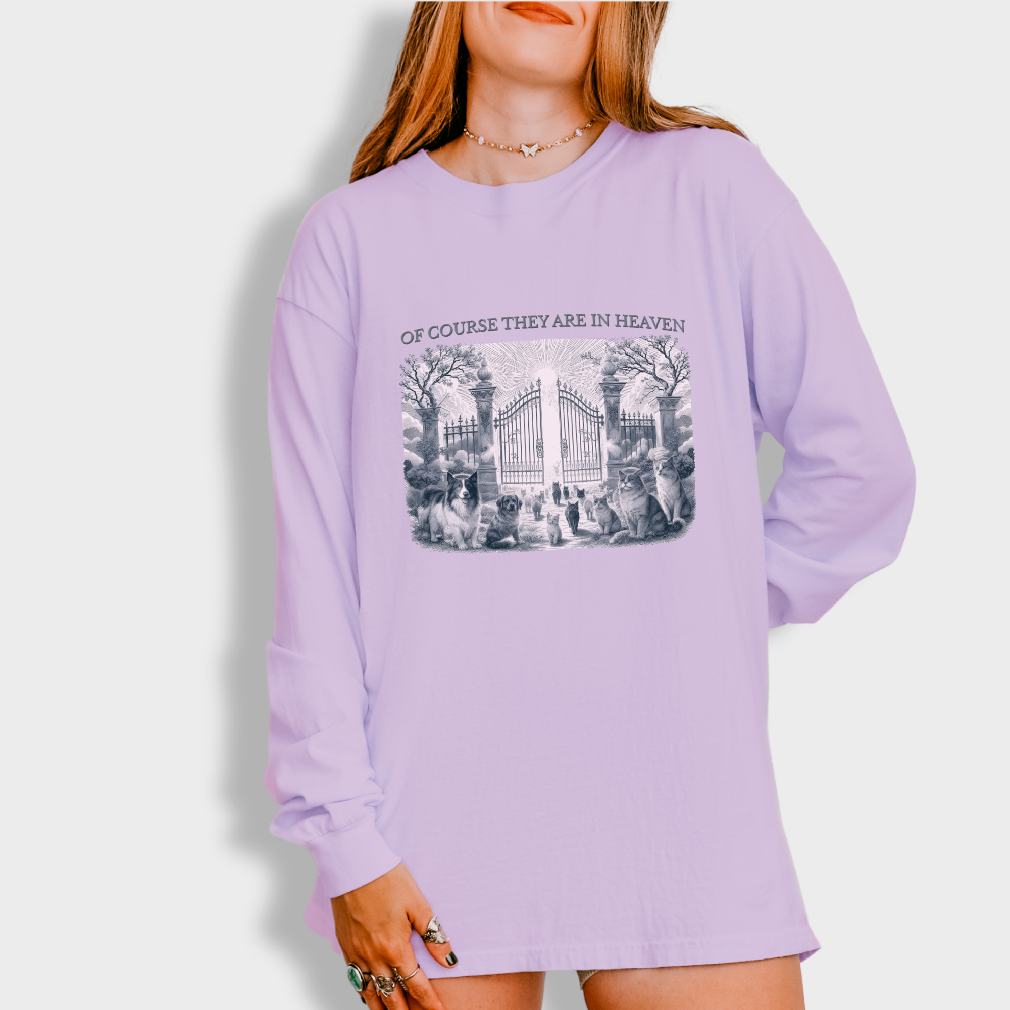 fetch-n-found  unisex tee for men and women featuring , Of Course They Are In Heaven Lavender Orchid graphic T-Shirt made of 100% cotton - Orchid Model 1