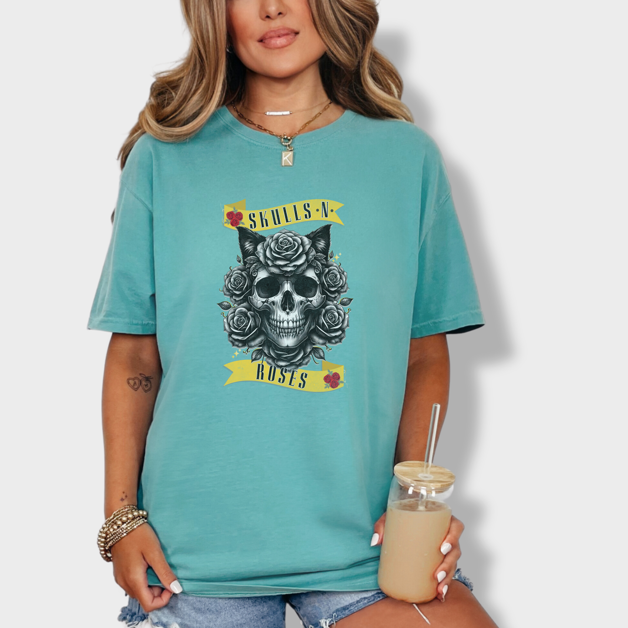 floral-pet-skulls-n-roses-solo-band-pet-skeleton-comfort-colors-t-shirt-in-seafoam - Seafoam Lifestyle Female Model