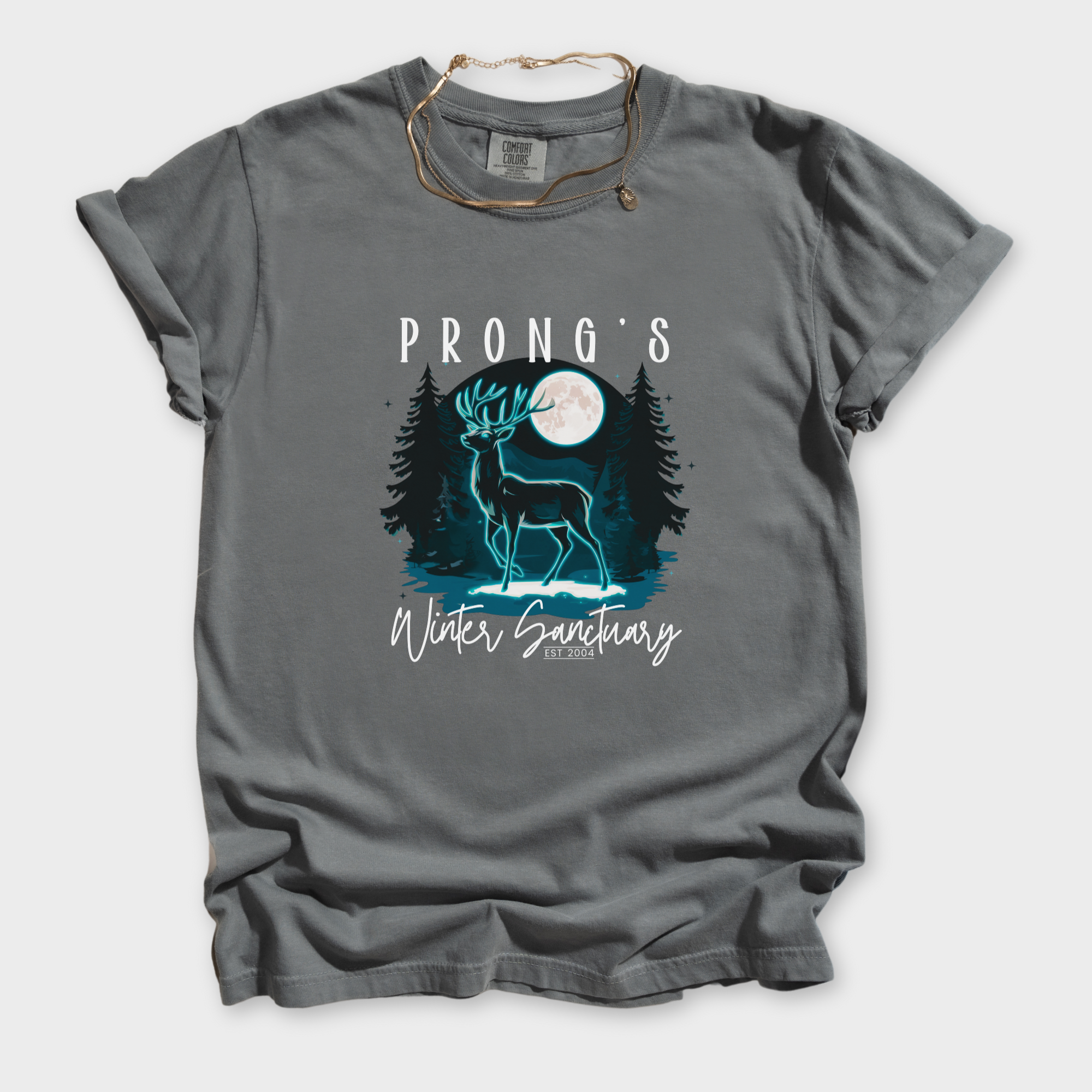 prong-patronus-winter-sanctuary-t-shirt-in-grey - Grey Flat Lay Front