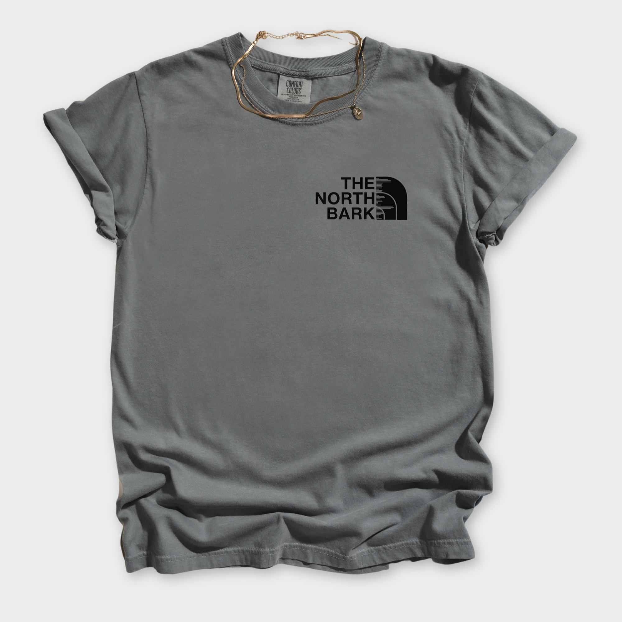 artistic-the-north-bark-dog-graphic-comfort-colors-t-shirt-in-grey - Grey Flat Lay Front