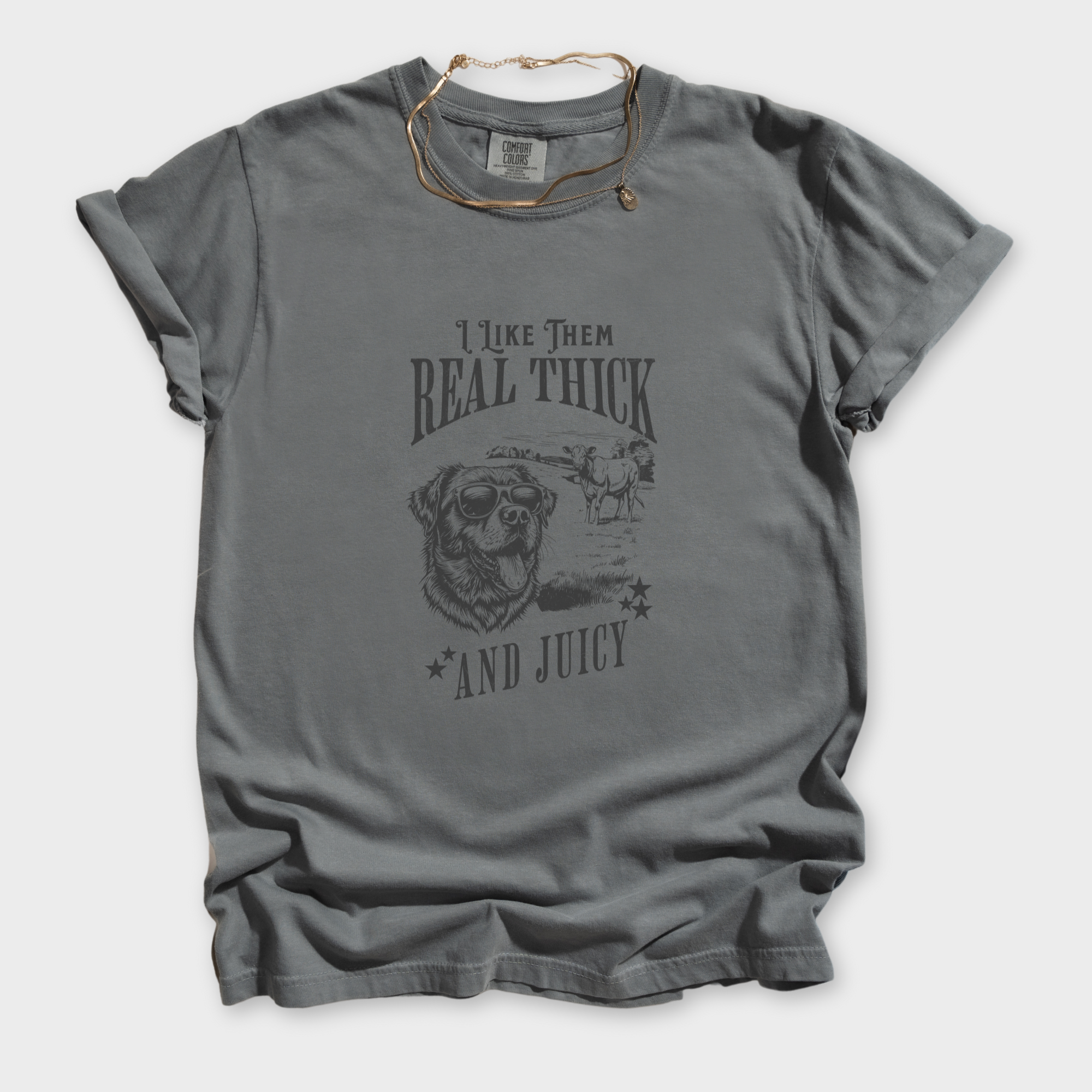 real-thick-and-juicy-t-shirt-in-grey - Grey Flat Lay Front