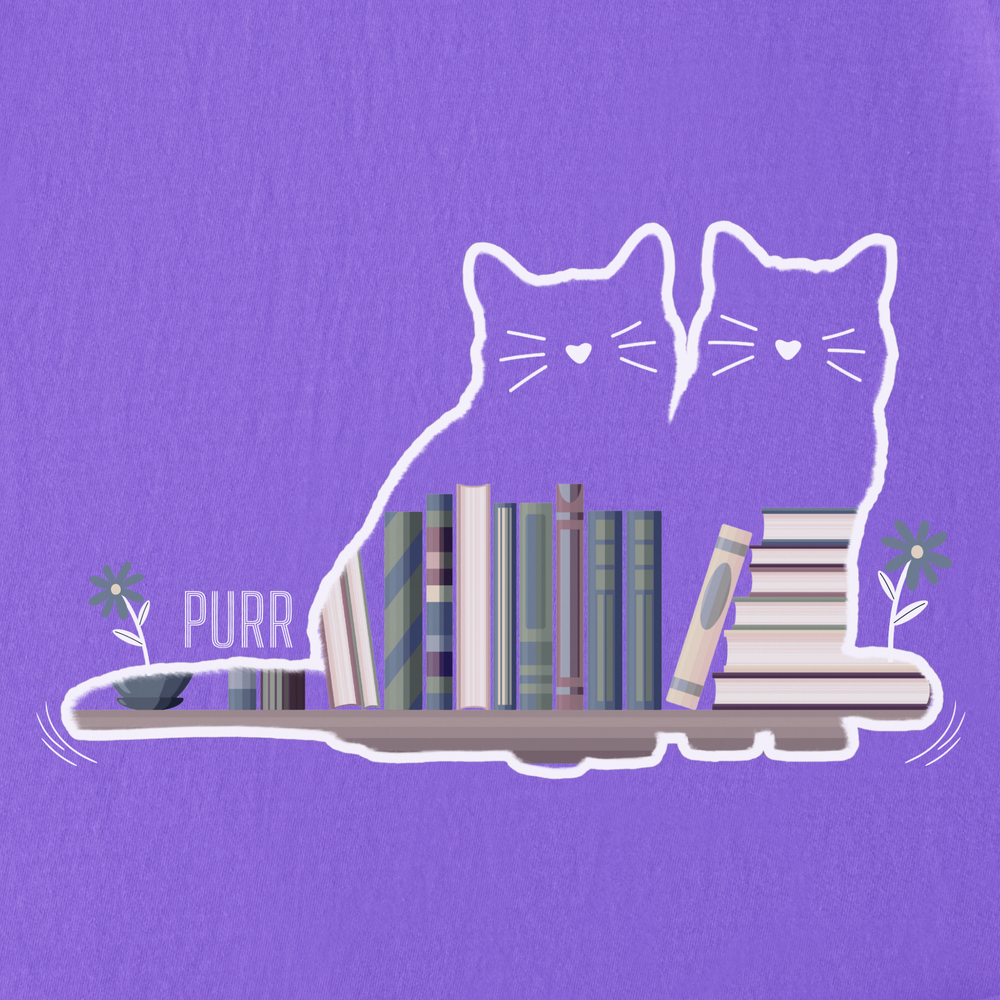 vintage-cat-book-shelf-purr-cat-graphic-comfort-colors-t-shirt-in-violet - Violet Full Graphic