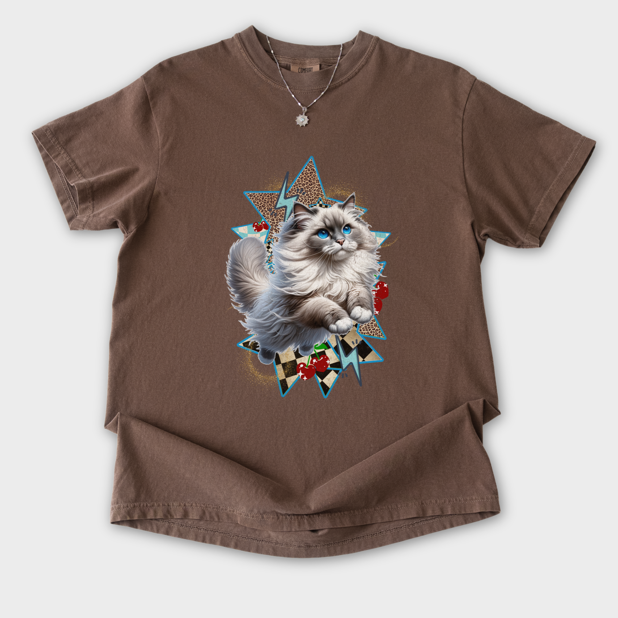 artistic-y2k-catcore-leaping-ragdoll-cat-cherry-comfort-colors-t-shirt-in-espresso - Espresso Flat Lay Front
