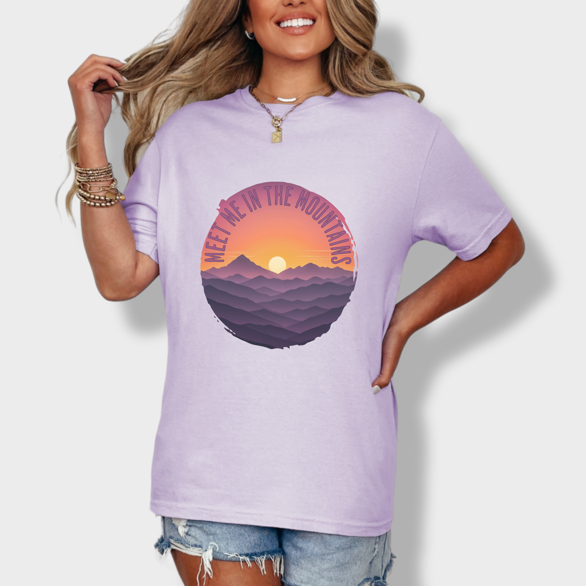 artistic-meet-me-in-the-mountains-version-ii-pet-graphic-comfort-colors-t-shirt-in-orchid - Orchid Lifestyle Female Model