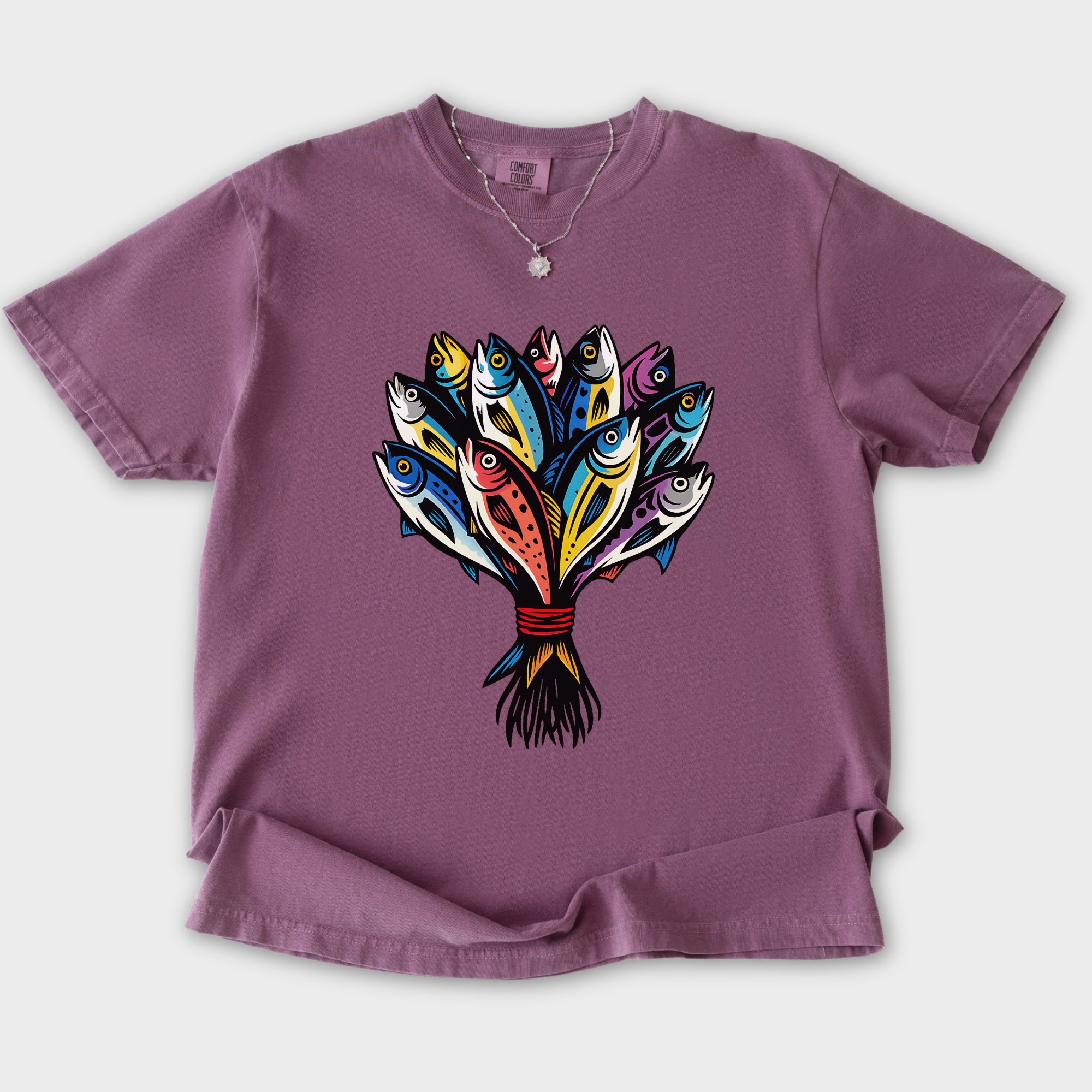 artistic-fish-bouquet-a-cats-dream-cat-graphic-comfort-colors-t-shirt-in-berry - Berry Flat Lay Front
