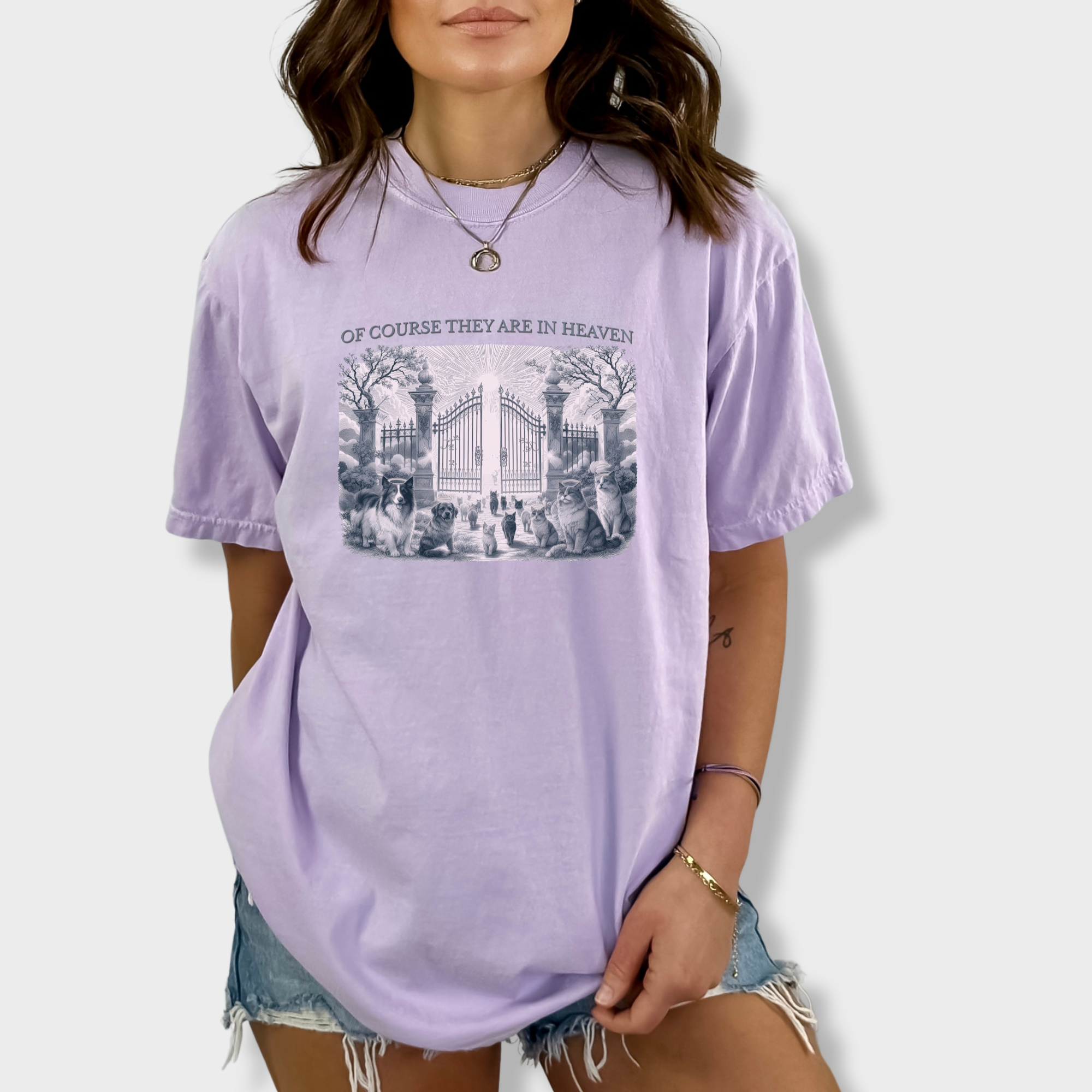 fetch-n-found  unisex tee for men and women featuring , Of Course They Are In Heaven Lavender Orchid graphic T-Shirt made of 100% cotton - Orchid Lifestyle Male Model