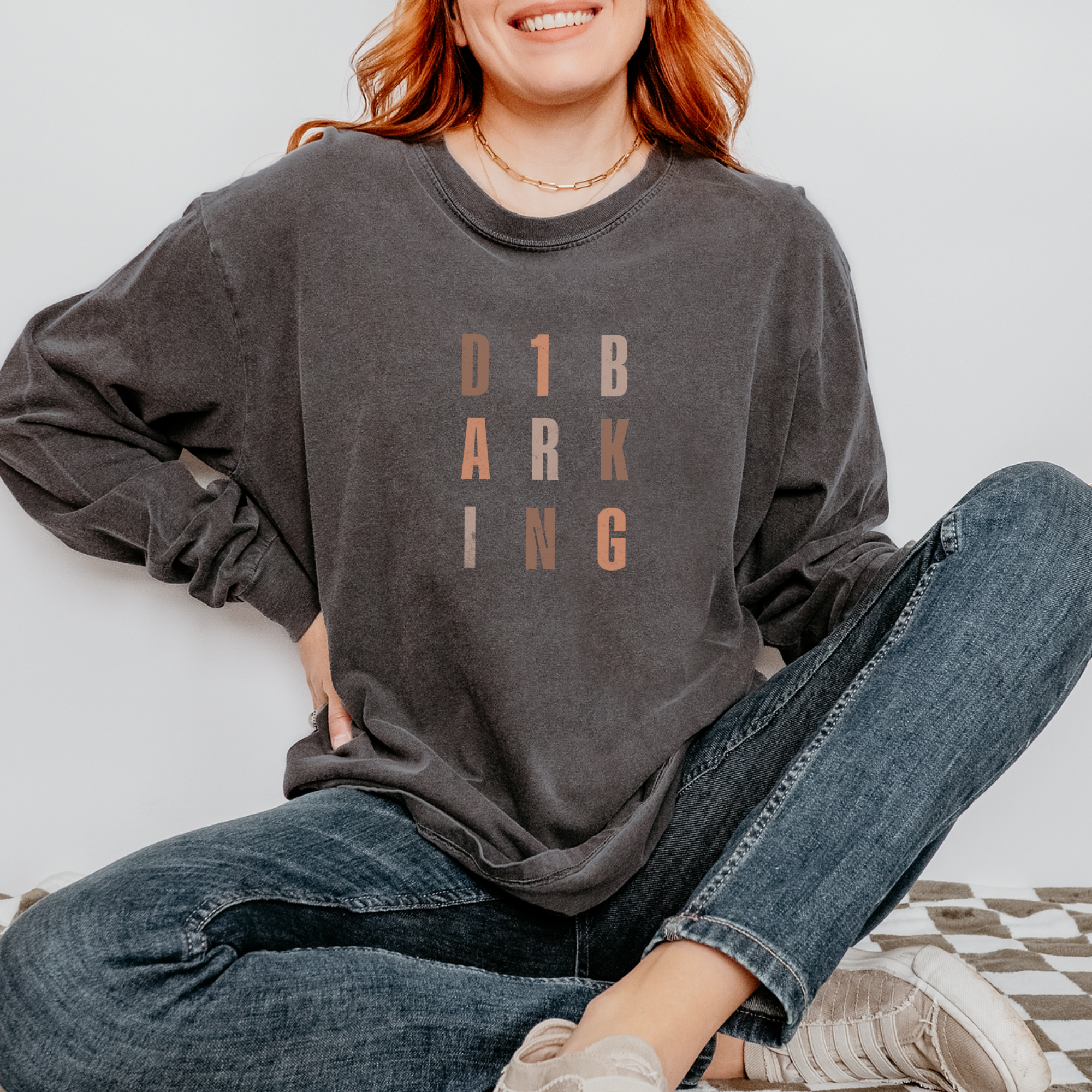 fetch-n-found  unisex tee for men and women featuring , D1 Barking Modern Neutral Grid Pepper graphic T-Shirt made of 100% cotton - Pepper Model 2