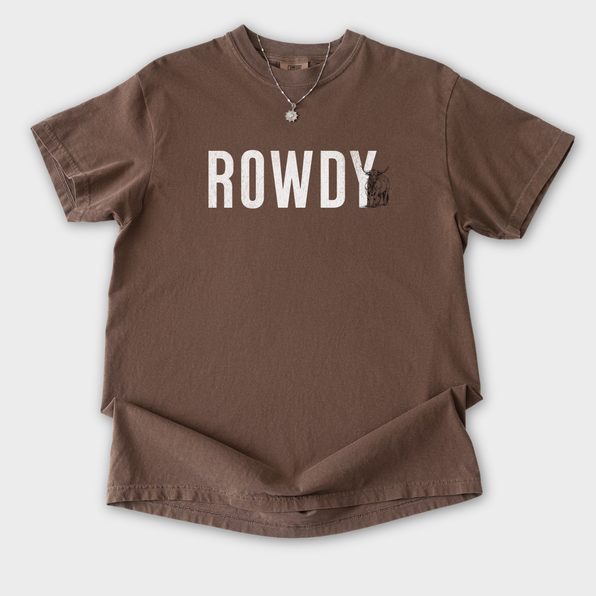western-rowdy-animal-text-comfort-colors-t-shirt-in-espresso - Espresso Flat Lay Front