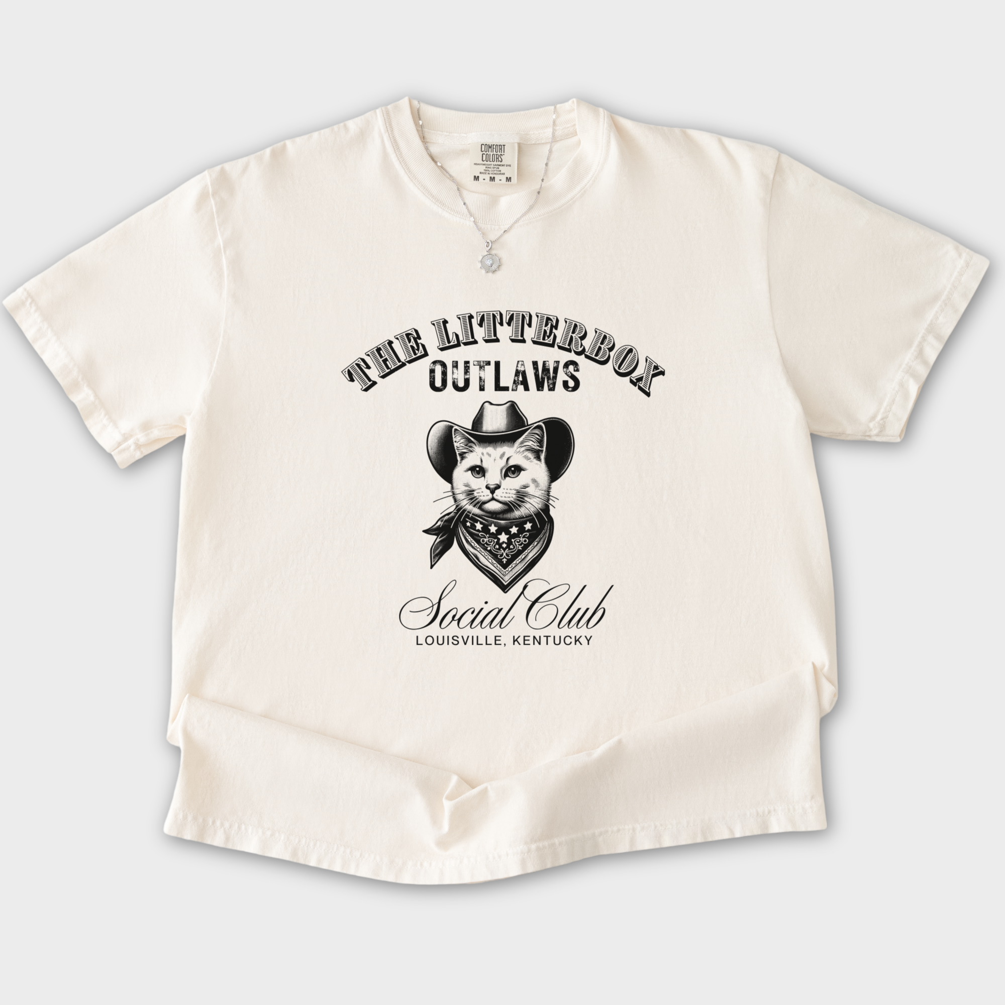 retro-cat-cowboy-litterbox-t-shirt-western-brown-line-art-in-ivory - Ivory Flat Lay Front