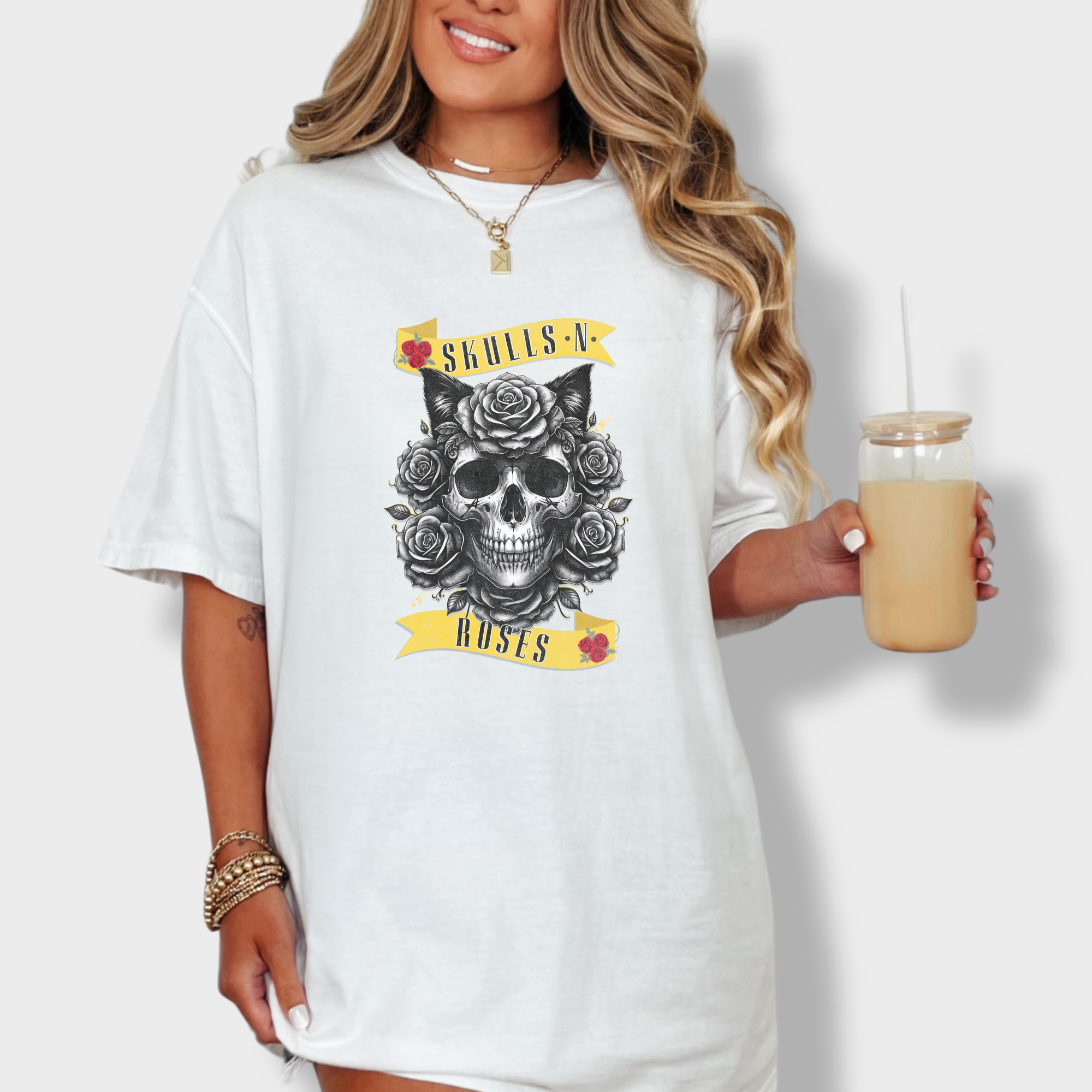 floral-pet-skulls-n-roses-solo-band-pet-skeleton-comfort-colors-t-shirt-in-white - White Lifestyle Female Model