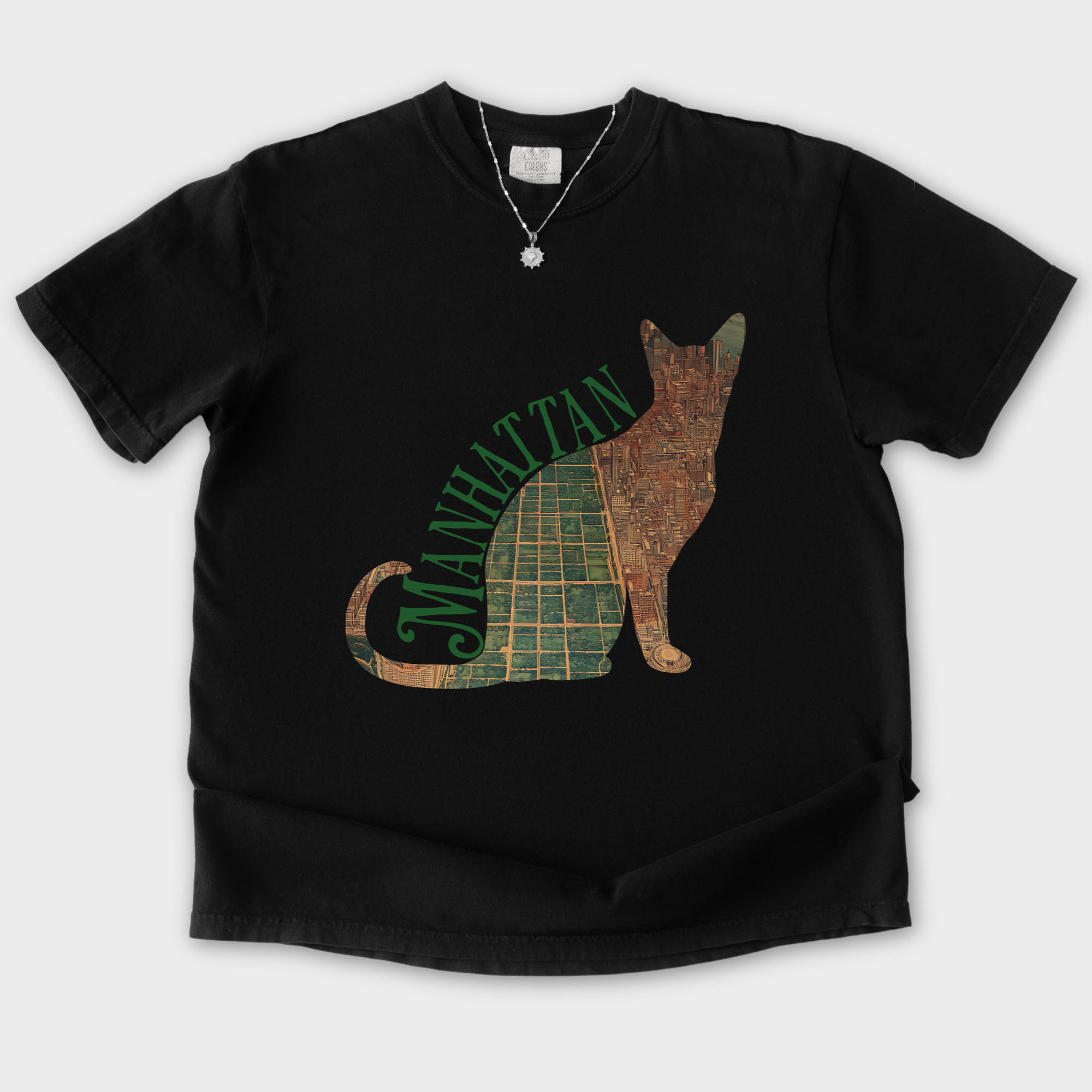 manhattan-central-park-cat-map-t-shirt-in-black - Black Flat Lay Front