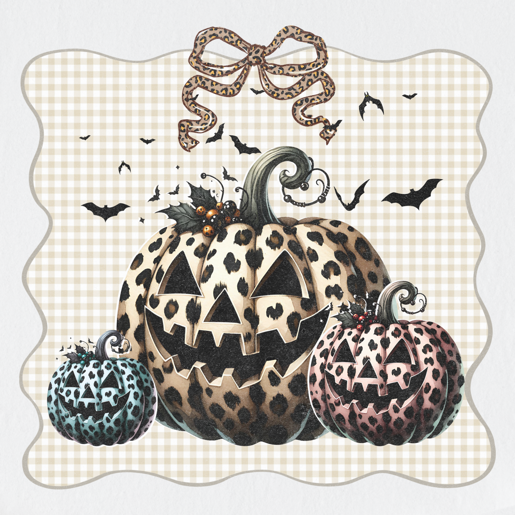 western-preppy-leopard-print-jack-o-lanterns-cat-bow-comfort-colors-t-shirt-in-white - White Full Graphic