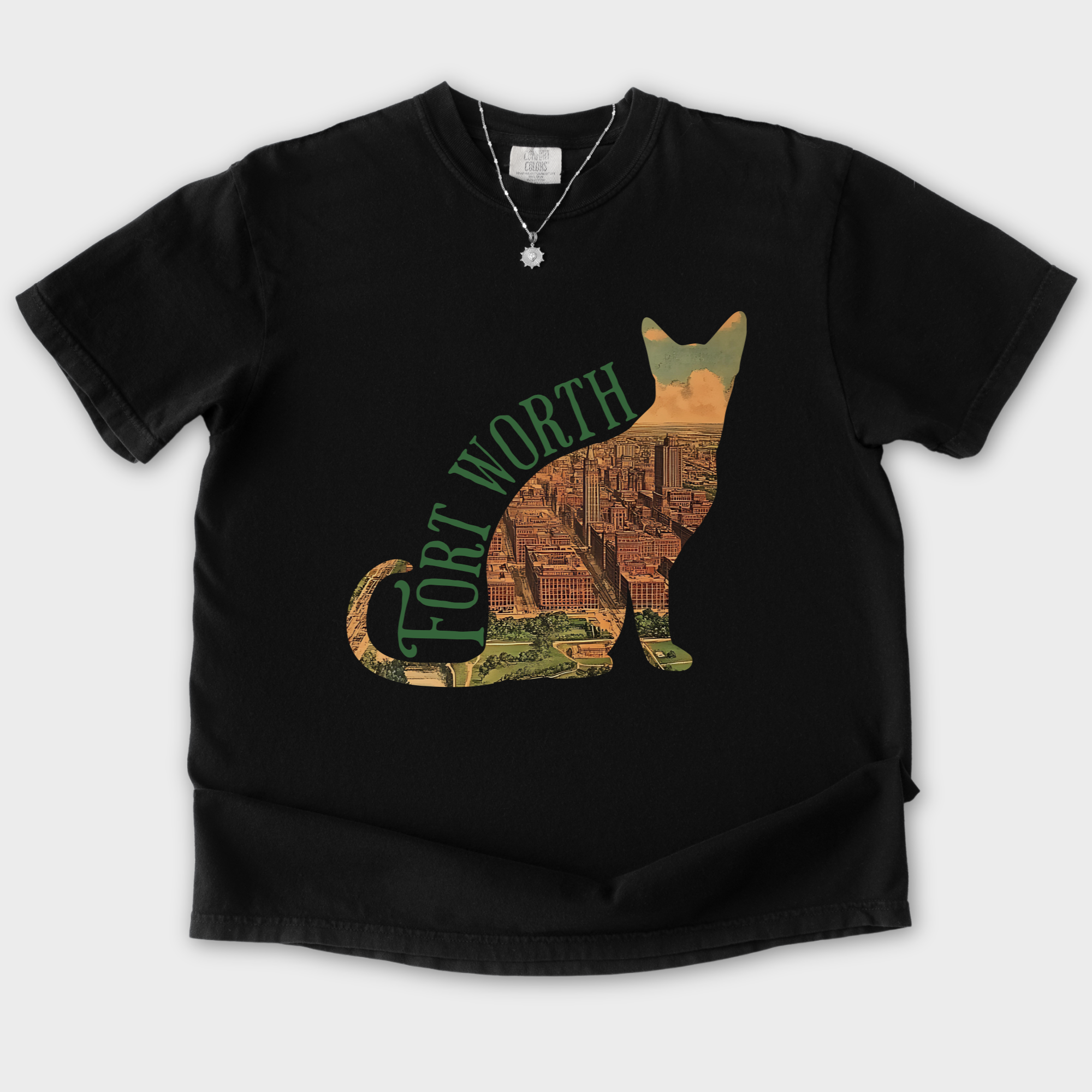fort-worth-historic-downtown-cat-map-t-shirt-in-black - Black Flat Lay Front