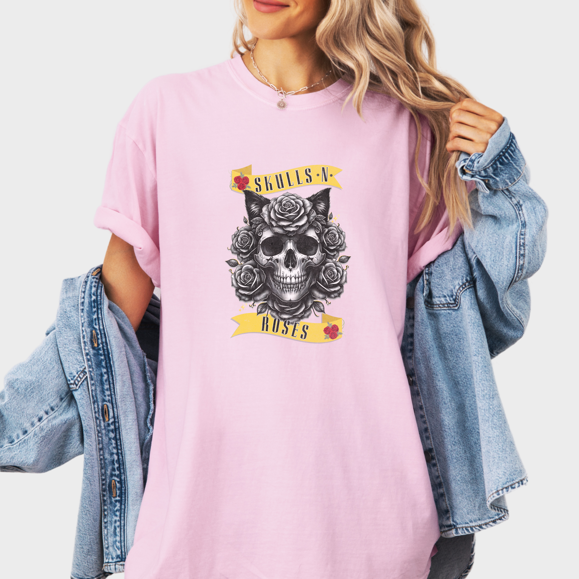 floral-pet-skulls-n-roses-solo-band-pet-skeleton-comfort-colors-t-shirt-in-blossom - Blossom Lifestyle Female Model