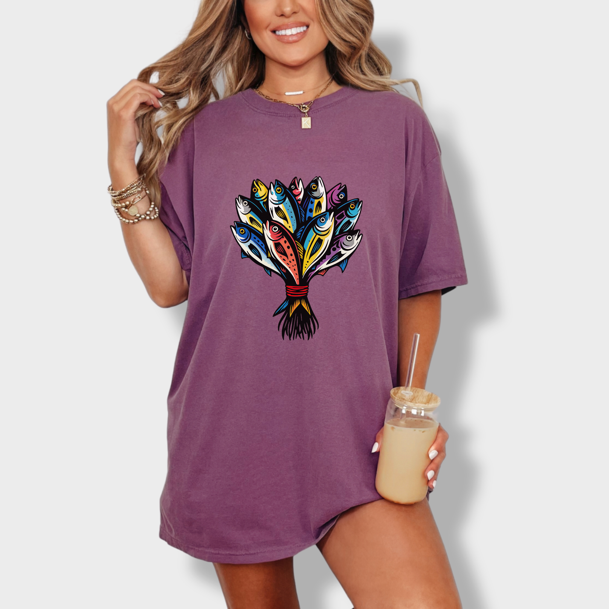 artistic-fish-bouquet-a-cats-dream-cat-graphic-comfort-colors-t-shirt-in-berry - Berry Lifestyle Female Model