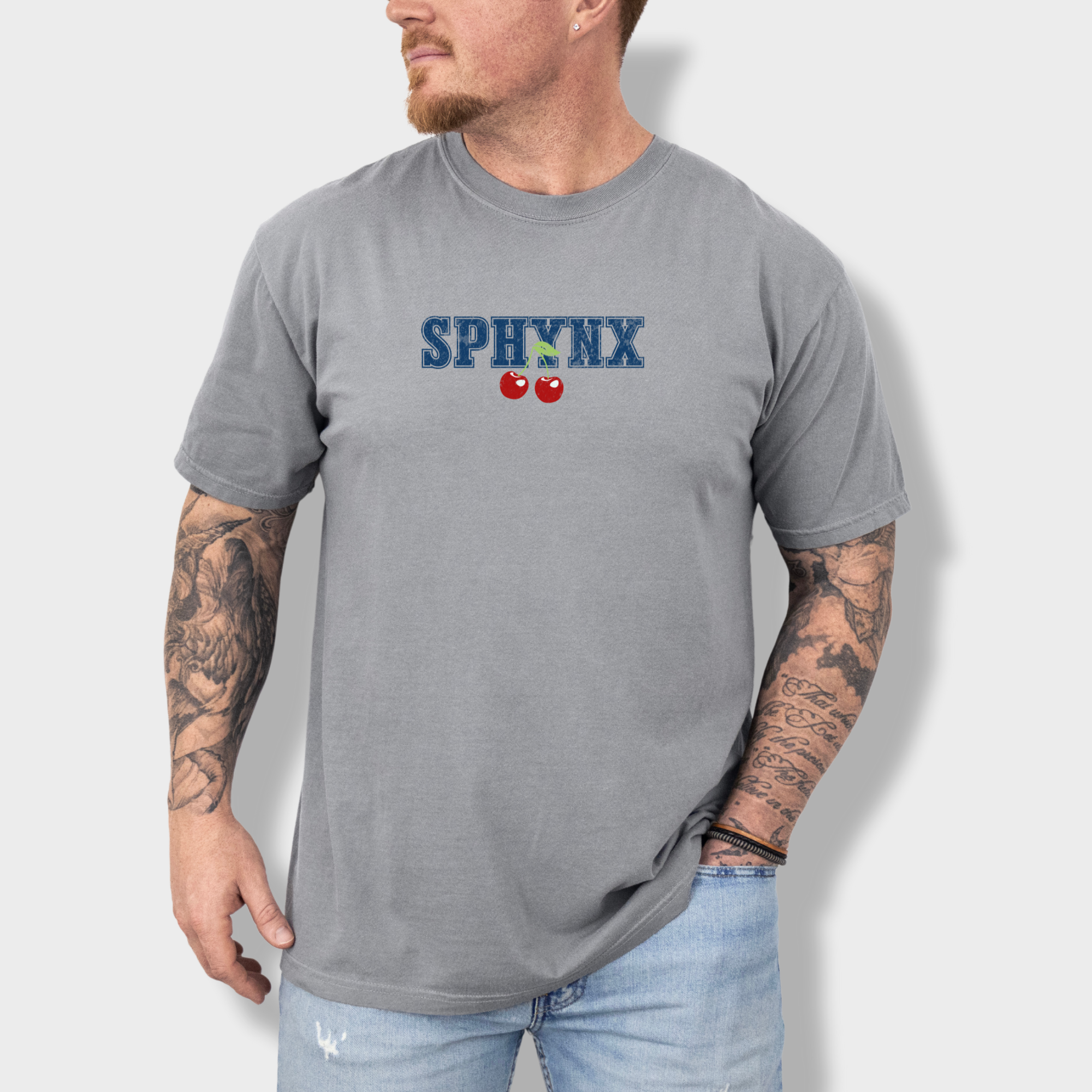 sphynx-cherry-comfort-colors-t-shirt-in-grey - Grey Lifestyle Male Model