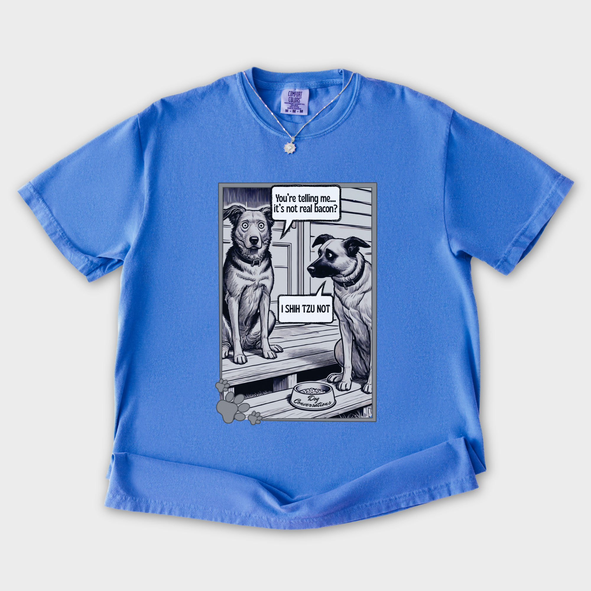 vintage-i-shih-tzu-not-bacon-dog-line-art-comfort-colors-t-shirt-in-flo-blue - Flo Blue Flat Lay Front
