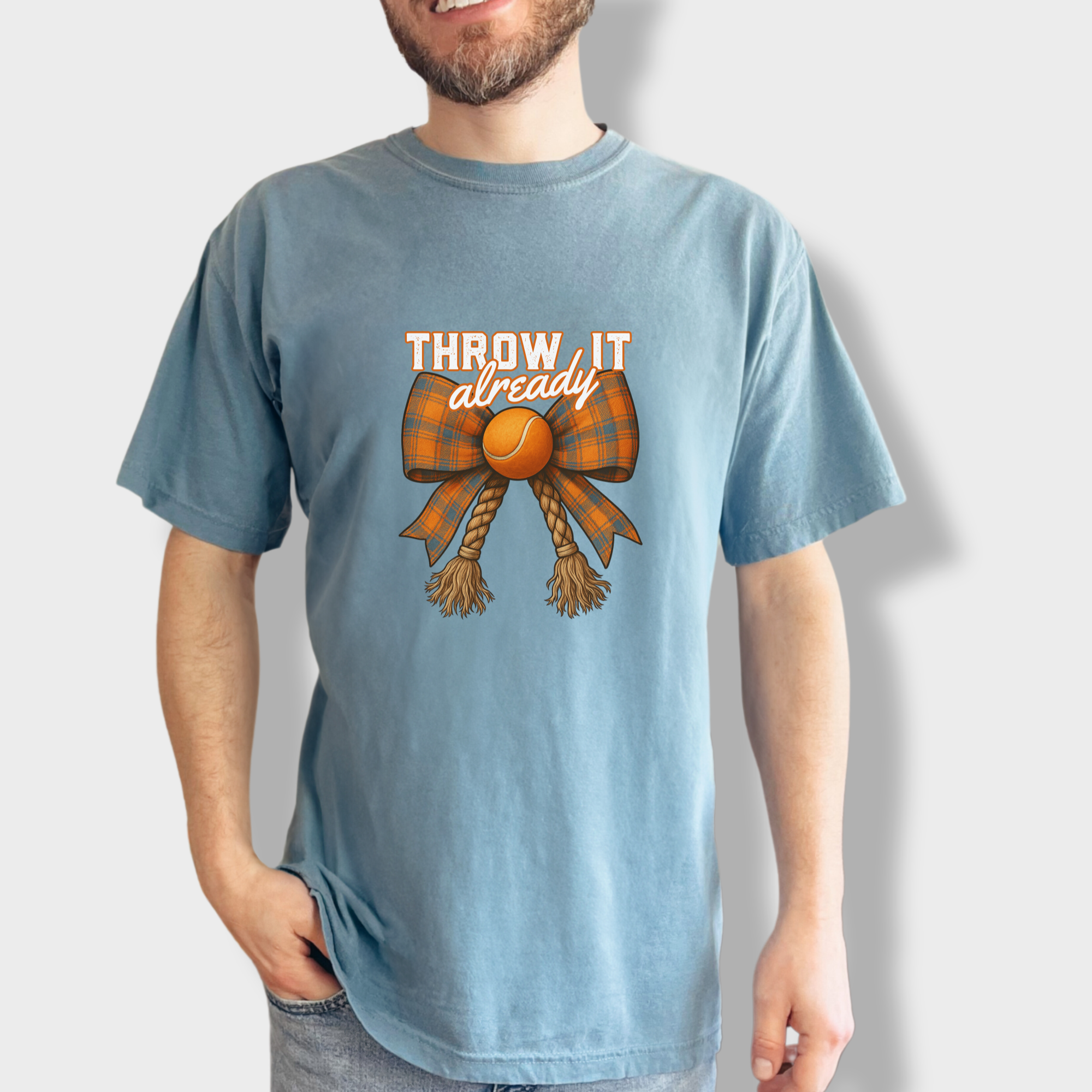 western-throw-it-already-dog-chew-toy-bow-dog-bow-comfort-colors-t-shirt-in-ice-blue - Ice Blue Lifestyle Male Model