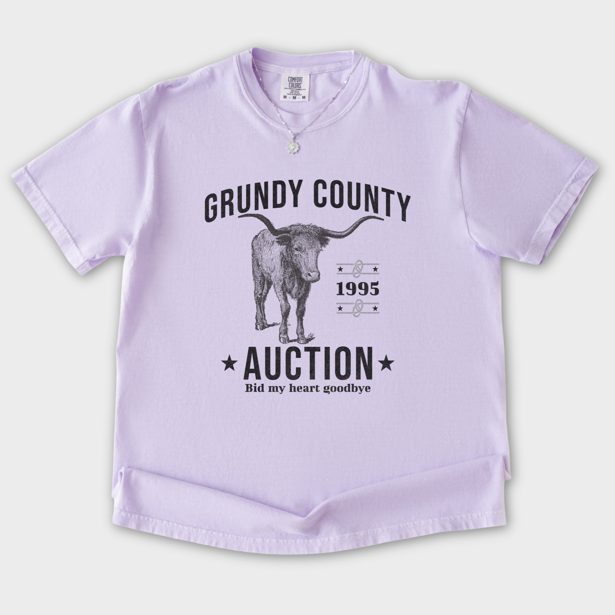 western-grundy-county-auction-animal-line-art-comfort-colors-t-shirt-in-orchid - Orchid Flat Lay Front