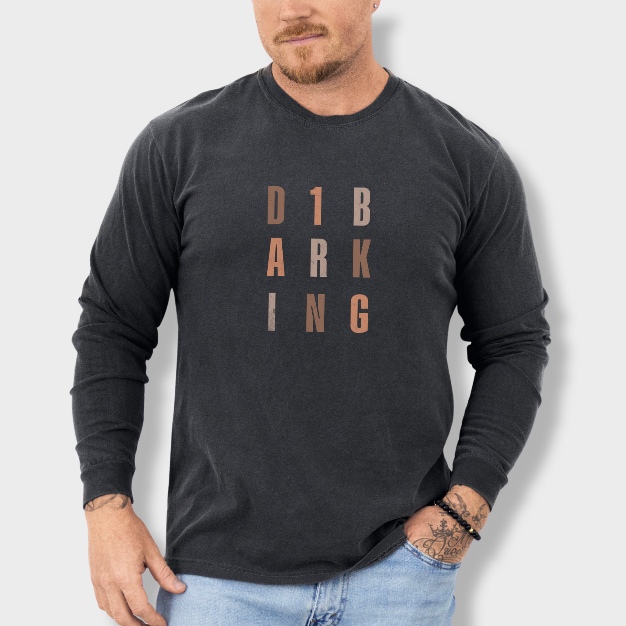 fetch-n-found  unisex tee for men and women featuring , D1 Barking Modern Neutral Grid Pepper graphic T-Shirt made of 100% cotton - Pepper Model 3